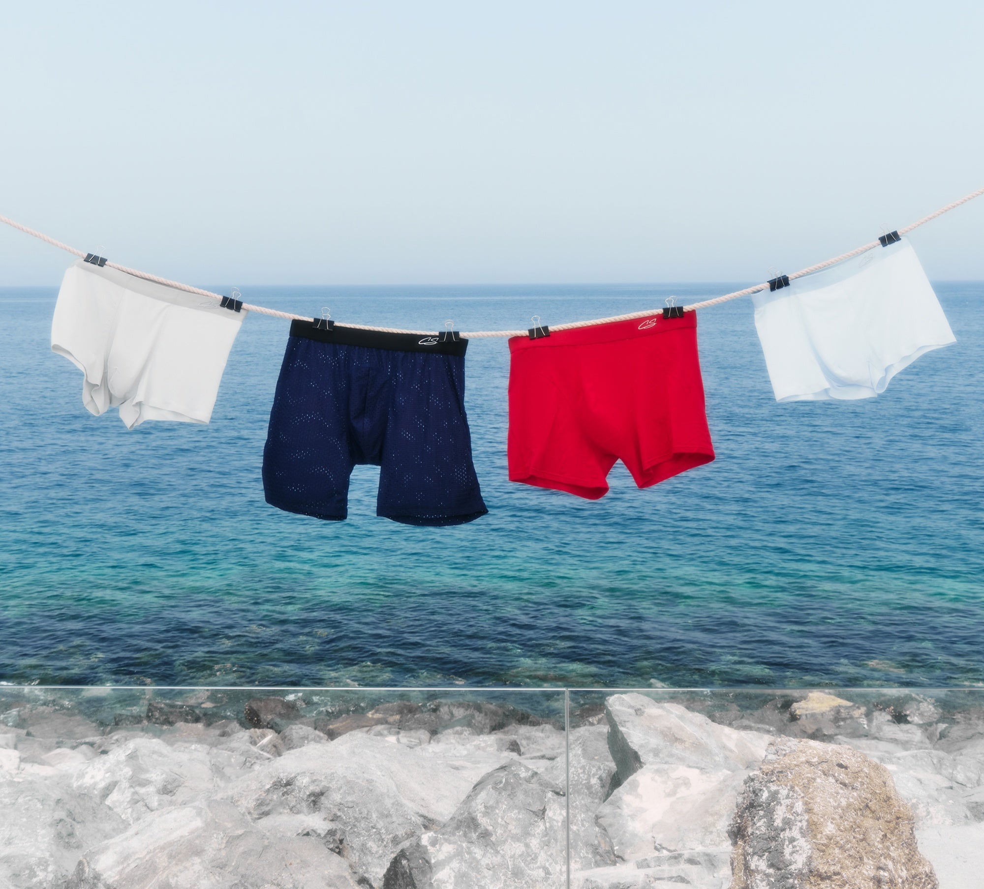 CottoSilk Underwear hanging with sea background