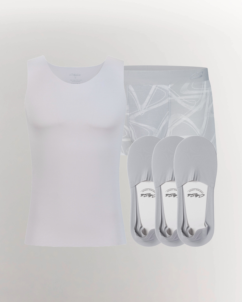 CS Men’s Essentials Pack Light Grey – CottoSilk premium men’s innerwear set with undershirt, trunk, and no-show socks