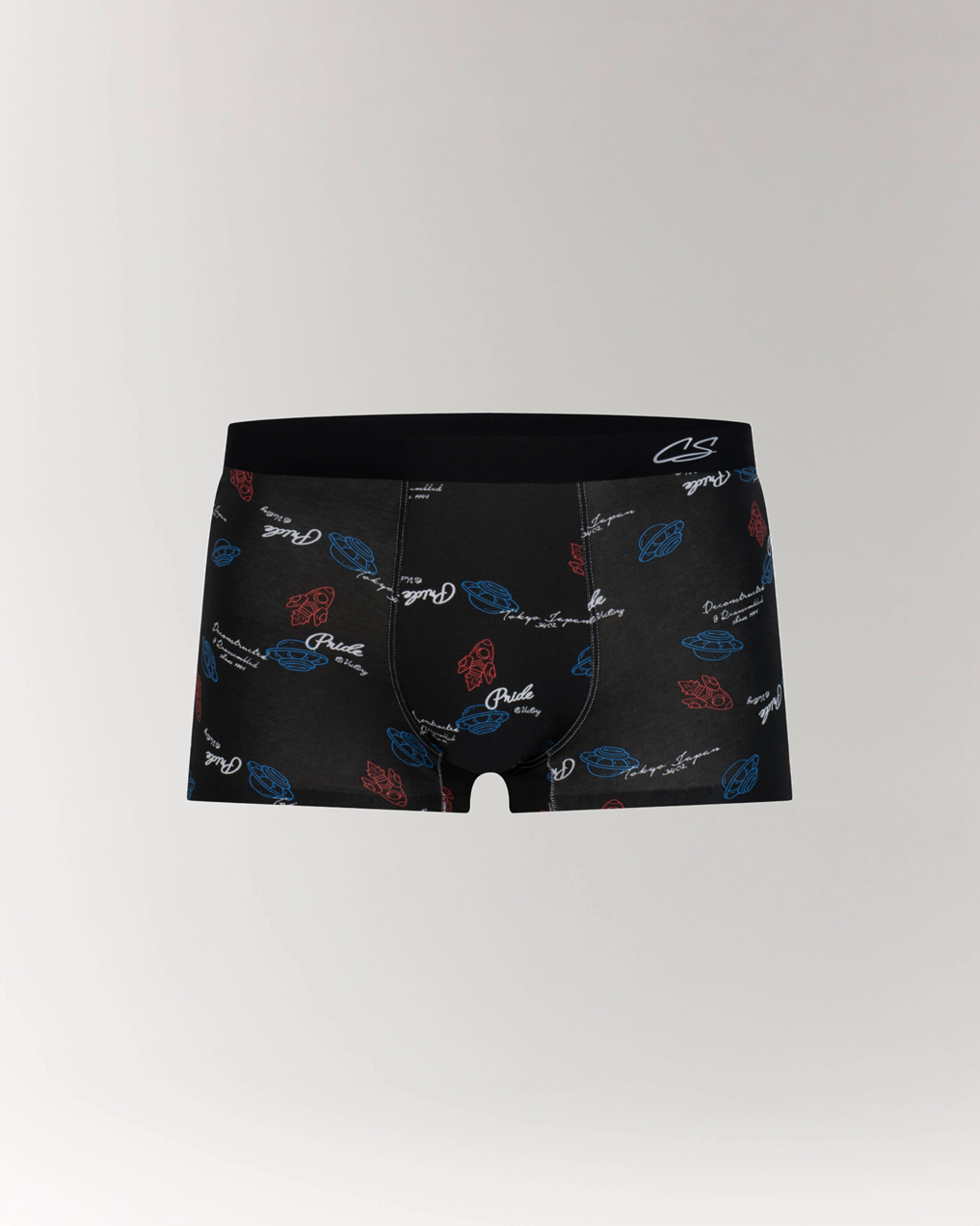 Model-less photo of CottoSilk Galaxy Cotton Trunk in Black with space-themed prints.
