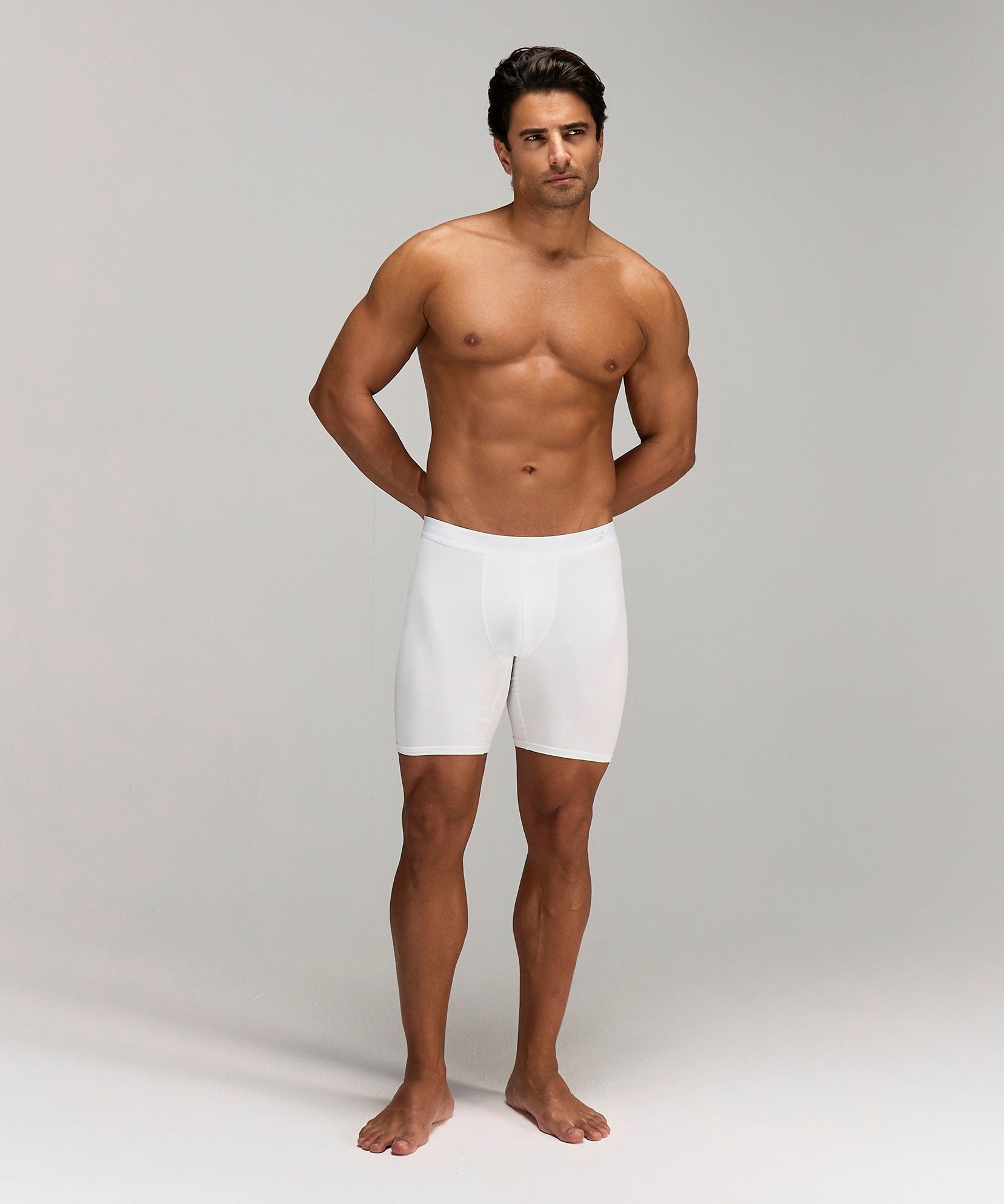Front image for a Model wearing  CottoSilk Long Cotton Boxer Brief in White with smooth finish.
