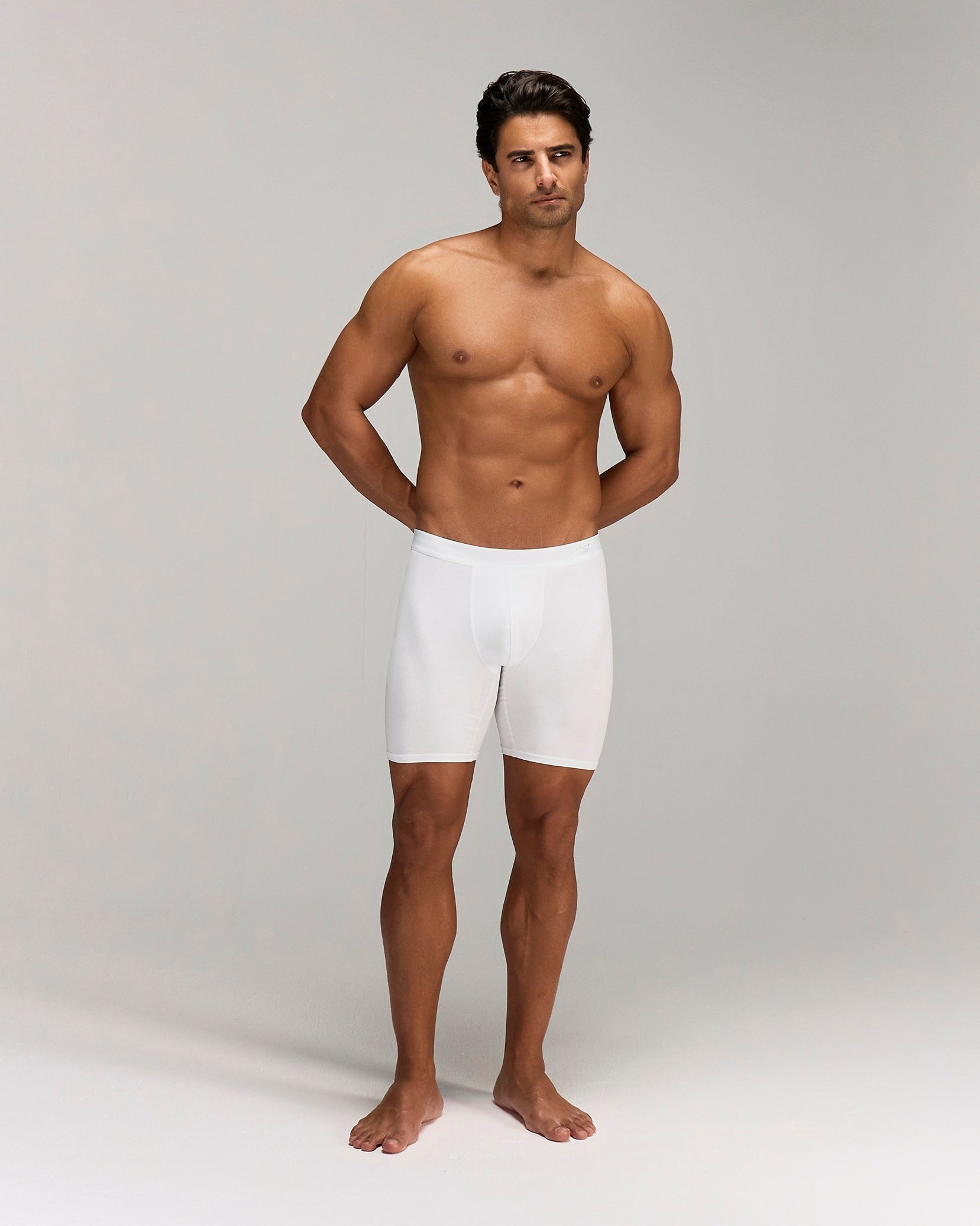 Front image for a Model wearing  CottoSilk Long Cotton Boxer Brief in White with smooth finish.