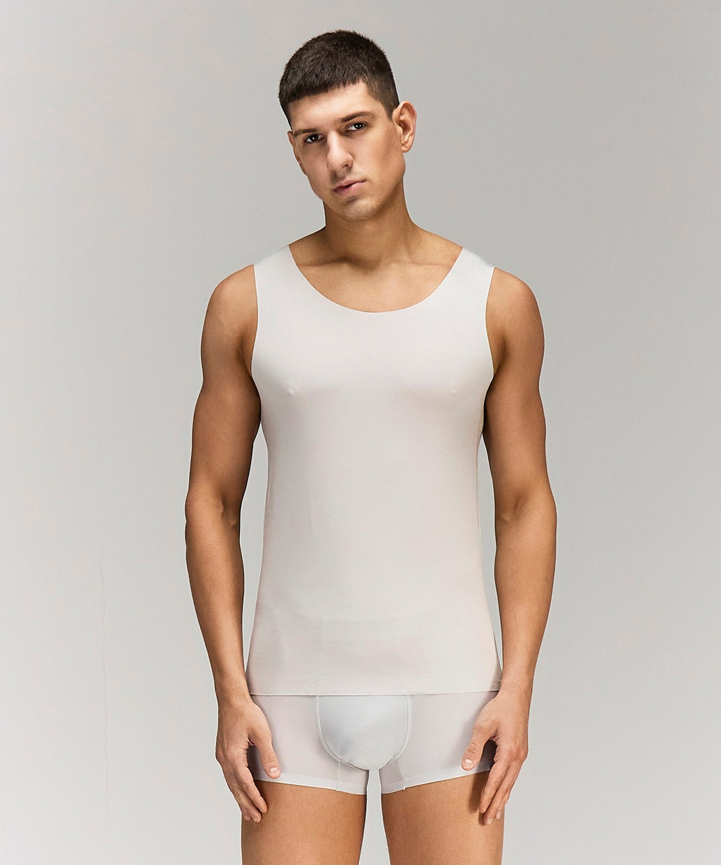 Front photo for a Model wearing Luxury Soft Modal Undershirt with V-neck in Grey.