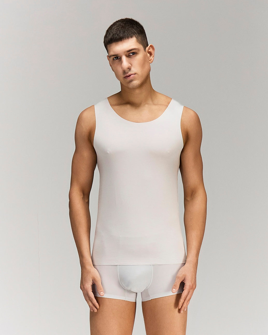 Front photo for a Model wearing Luxury Soft Modal Undershirt with V-neck in Grey.
