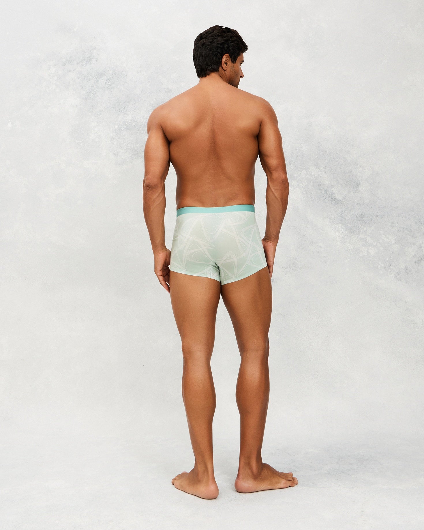 Back photo for a Model wearing CS Streak Modal Trunk in green