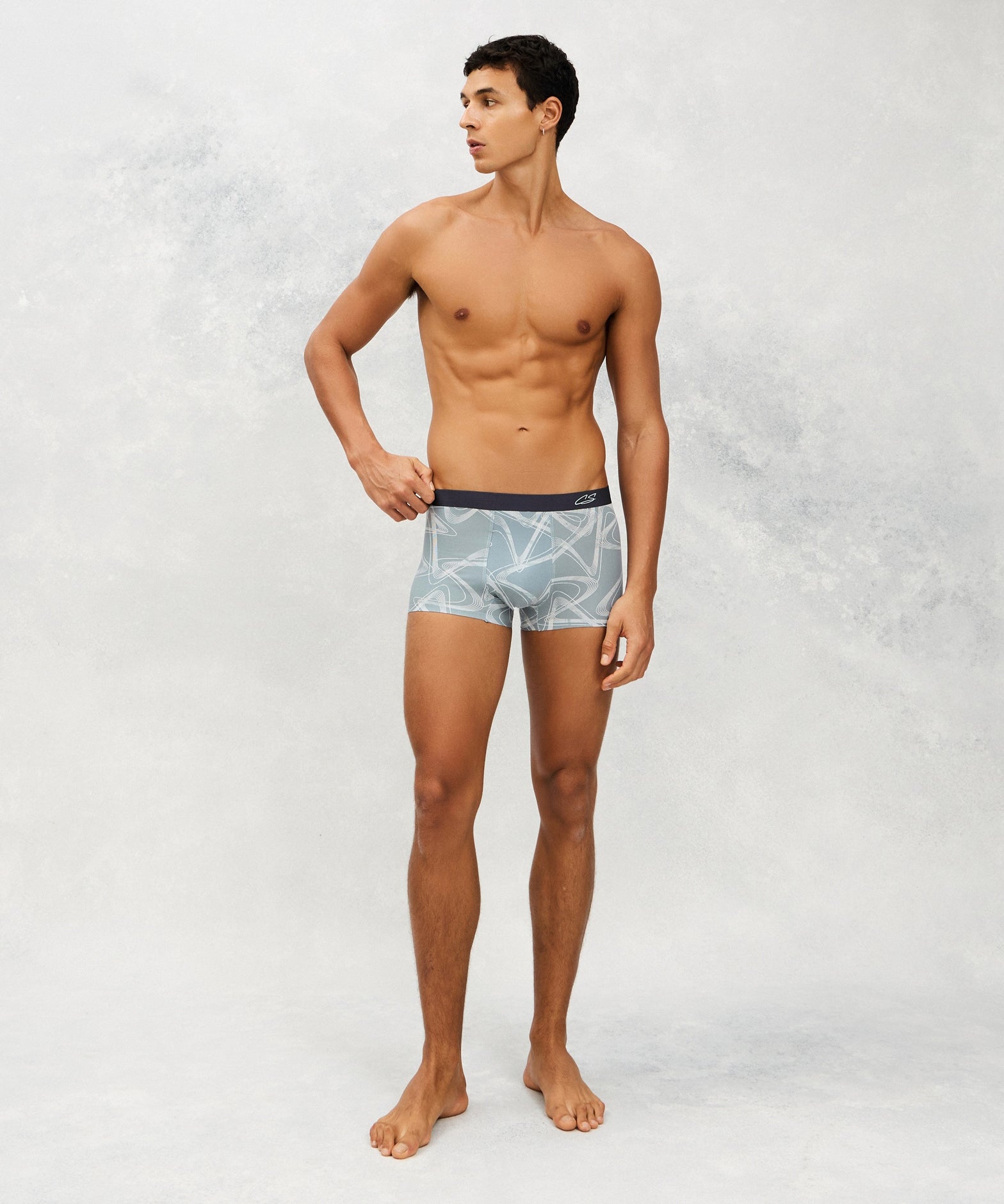 Front photo for a Model wearing CS Streak Modal Trunk in blue.