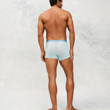 Back photo for a Model wearing Ultra Light Ice Tech Trunk in light blue.