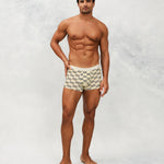 Front photo for a Model wearing Grid Modal Trunk with geometric pattern in beige.