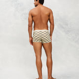 Back photo for a Model wearing Grid Modal Trunk with a geometric pattern in beige.