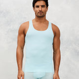 Front photo for a Model wearing Ice Tech Undershirt in baby blue.
