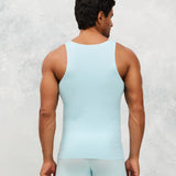 Back photo for a Model wearing Ice Tech Undershirt in baby blue.