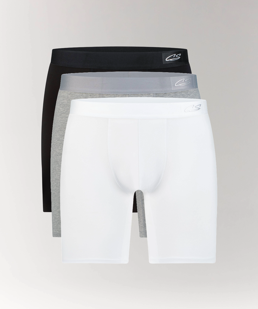 CottoSilk Long Cotton Boxer Brief 3-Pack in black, grey, and white.