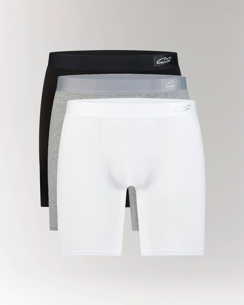CottoSilk Long Cotton Boxer Brief 3-Pack in black, grey, and white.