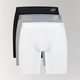 CottoSilk Long Cotton Boxer Brief 3-Pack in black, grey, and white.