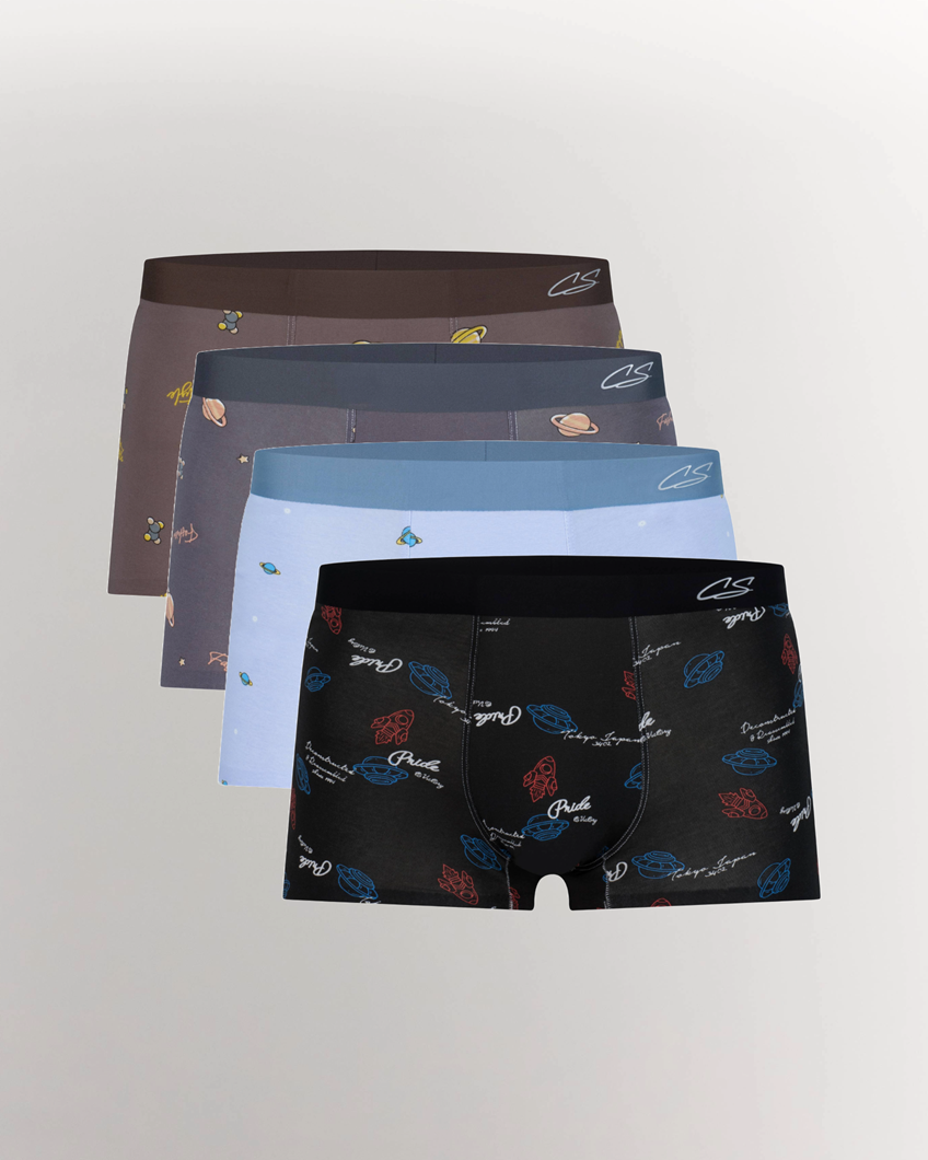 CottoSilk Galaxy Cotton Trunk 4-Pack featuring men’s short boxers in different colors and space-themed prints.