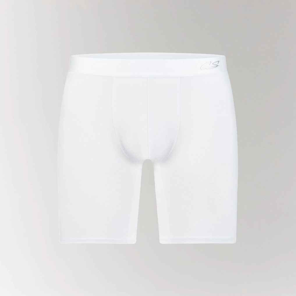 Long Boxer Brief in White – CottoSilk premium men’s underwear with extended leg design, made from breathable cotton blend for all-day support and comfort.