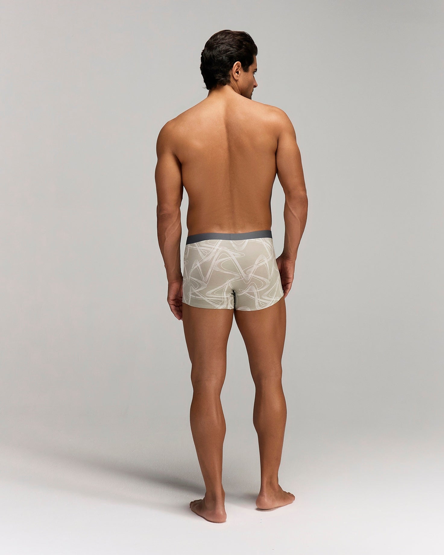 Back photo for a Model wearing CS Streak Modal Trunk in beige.