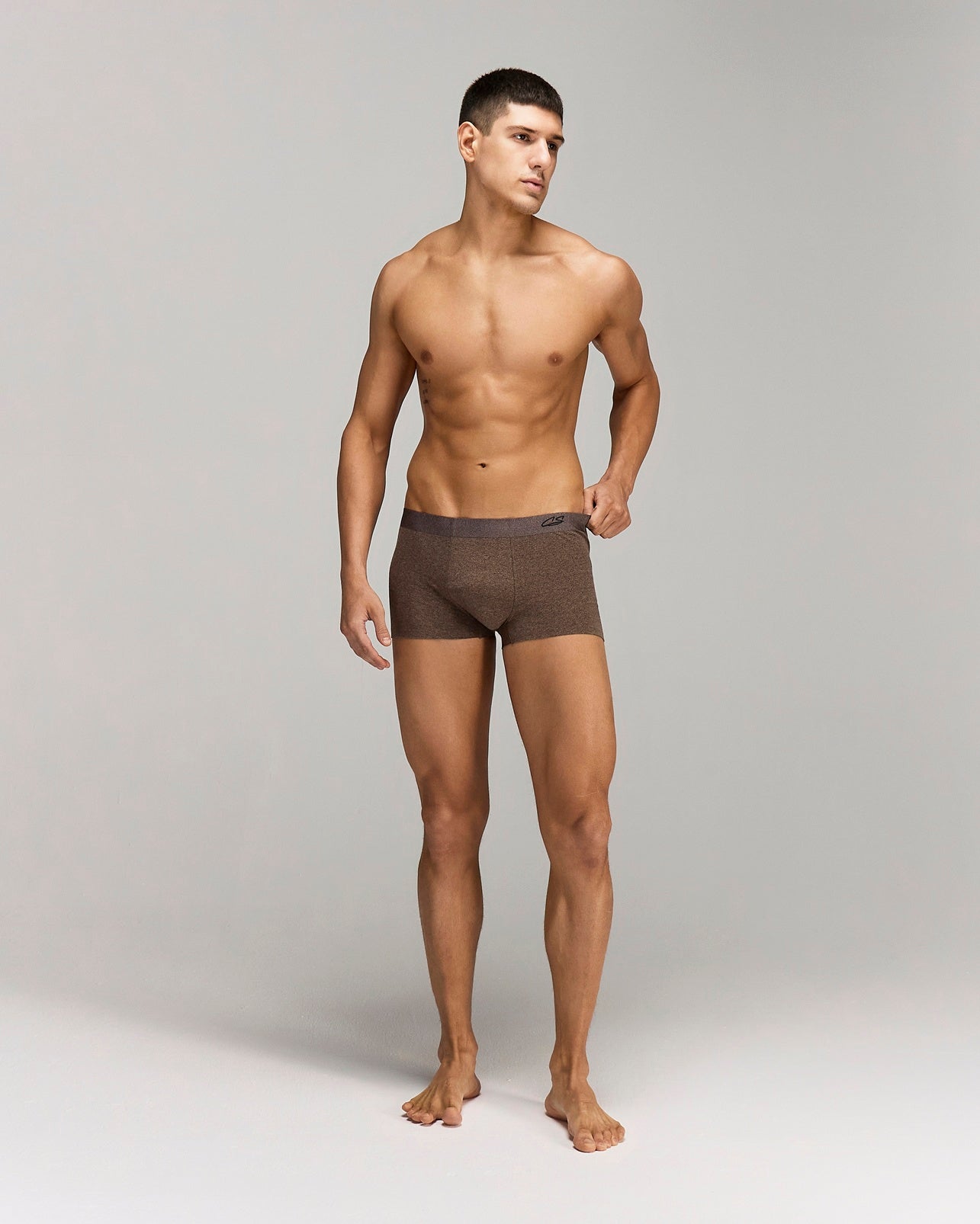 Front photo for a Model wearing CottoSilk Vintage Cotton Trunk in brown.