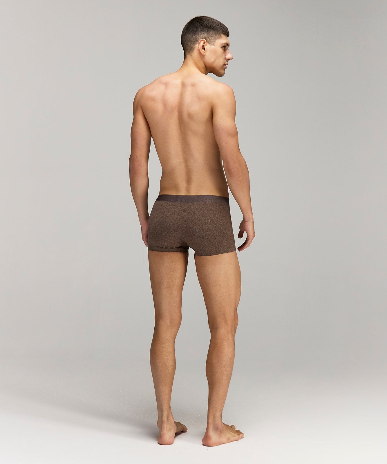 Back photo for a Model wearing CottoSilk Vintage Cotton Trunk in brown.