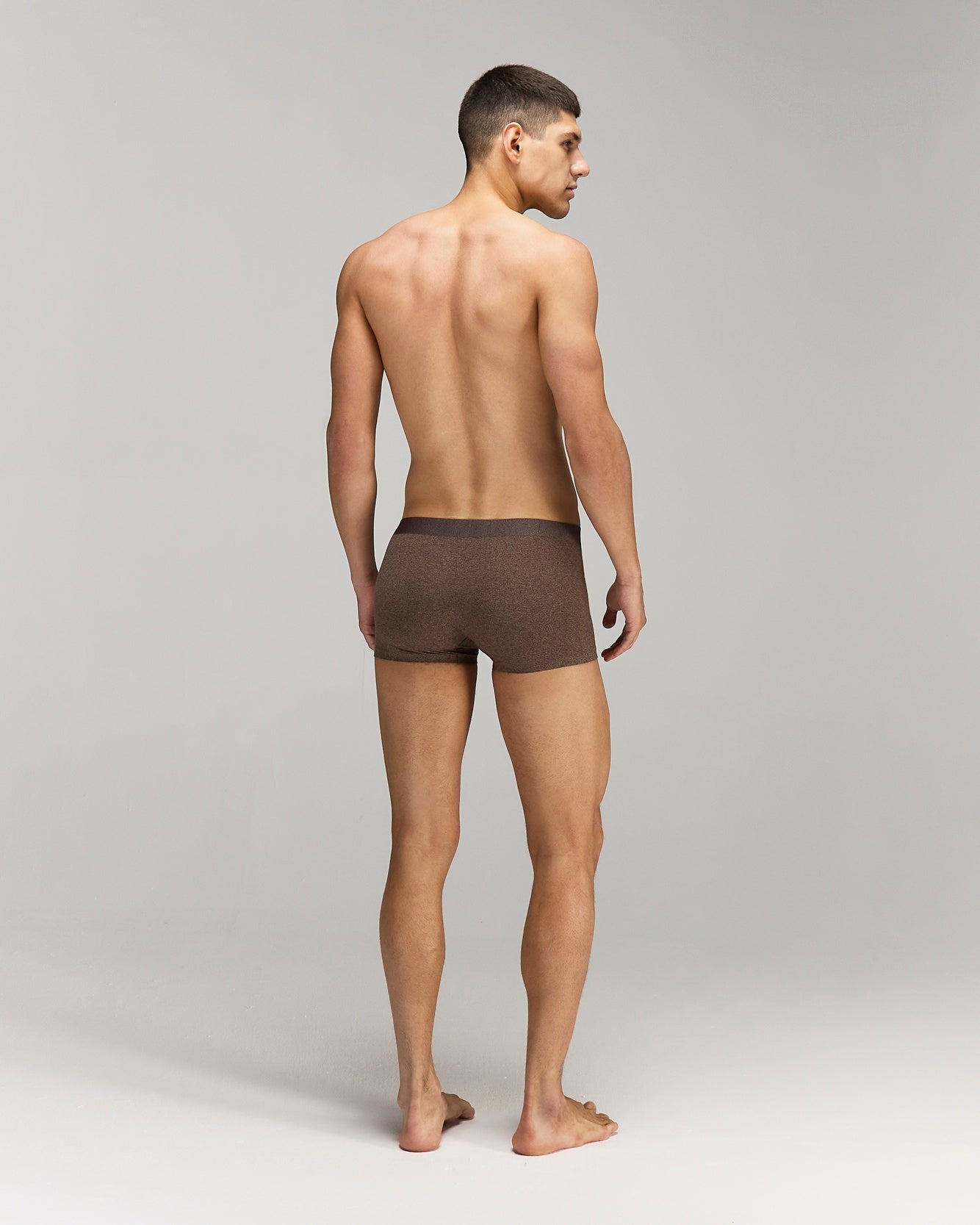 Back photo for a Model wearing CottoSilk Vintage Cotton Trunk in brown.