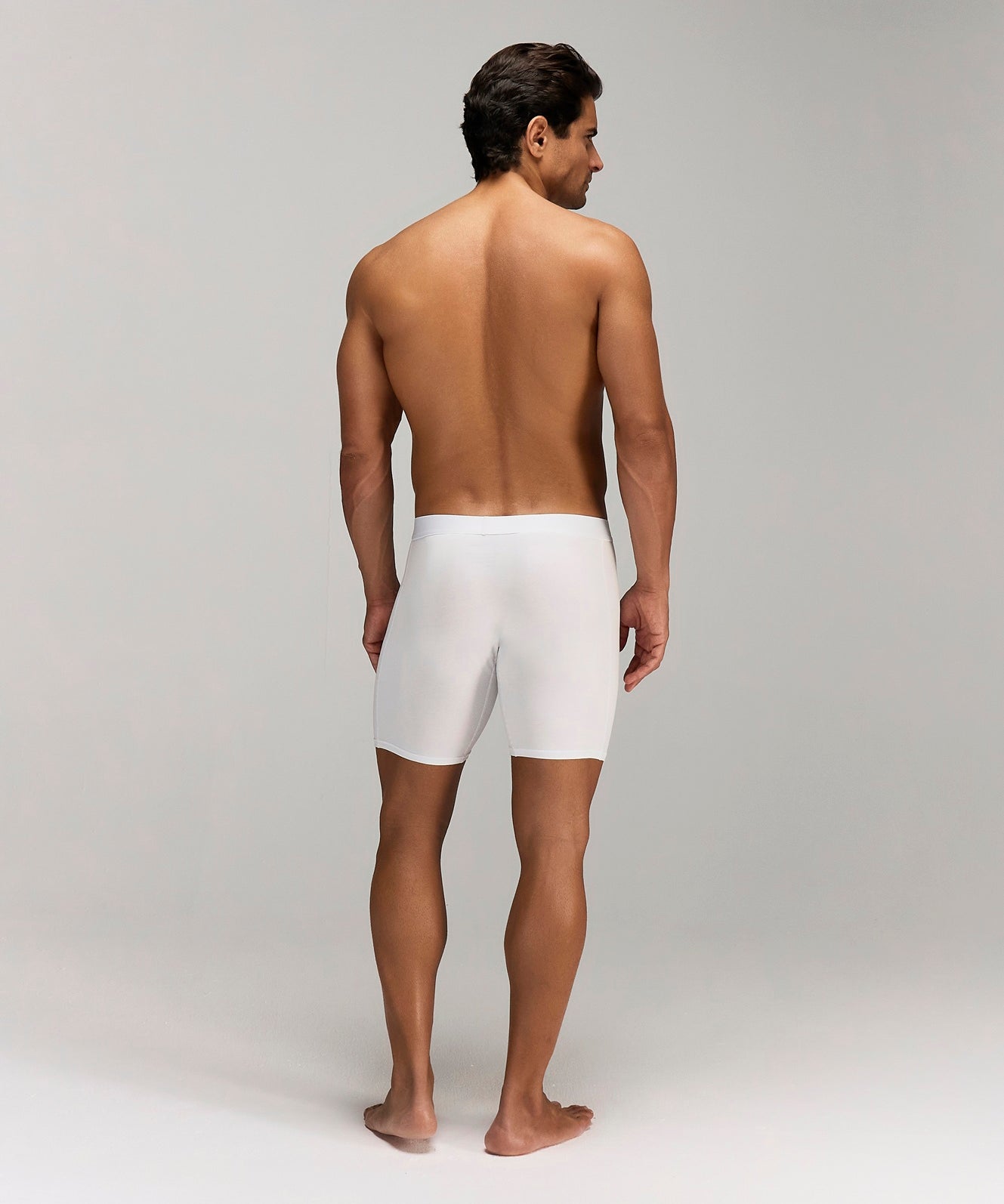 Back image for a Model wearing  CottoSilk Long Cotton Boxer Brief in White with a smooth finish.