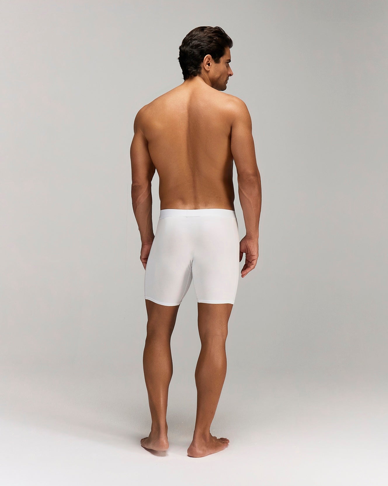 Back image for a Model wearing  CottoSilk Long Cotton Boxer Brief in White with a smooth finish.