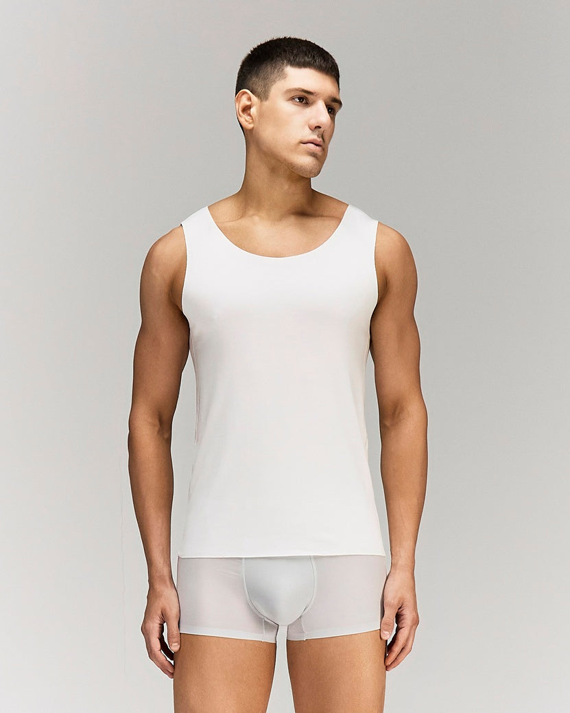 Front photo for a Model wearing Luxury Soft Modal Undershirt with V-neck in white.