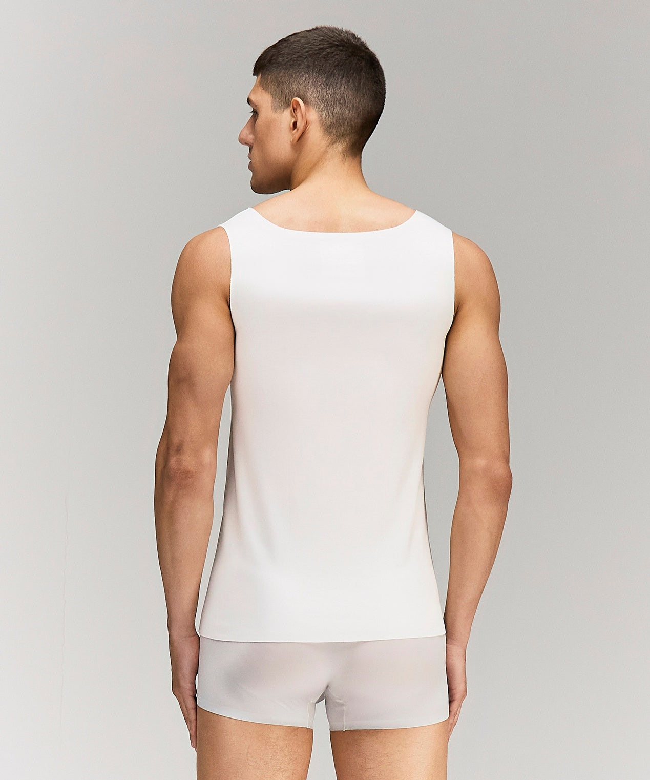 Back photo for a Model wearing Luxury Soft Modal Undershirt with V-neck in white.