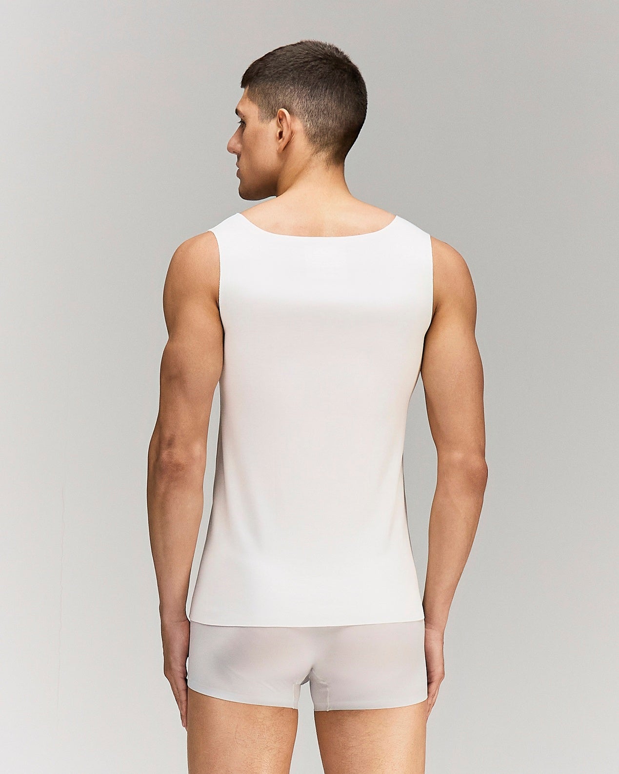 Back photo for a Model wearing Luxury Soft Modal Undershirt with V-neck in white.