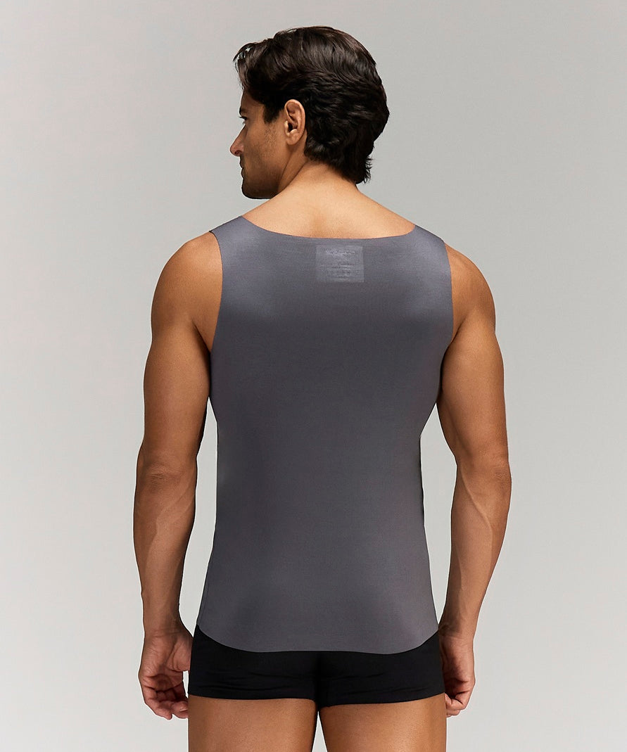 Back photo for a Model wearing Luxury Soft Modal Undershirt with V-neck in dark grey.