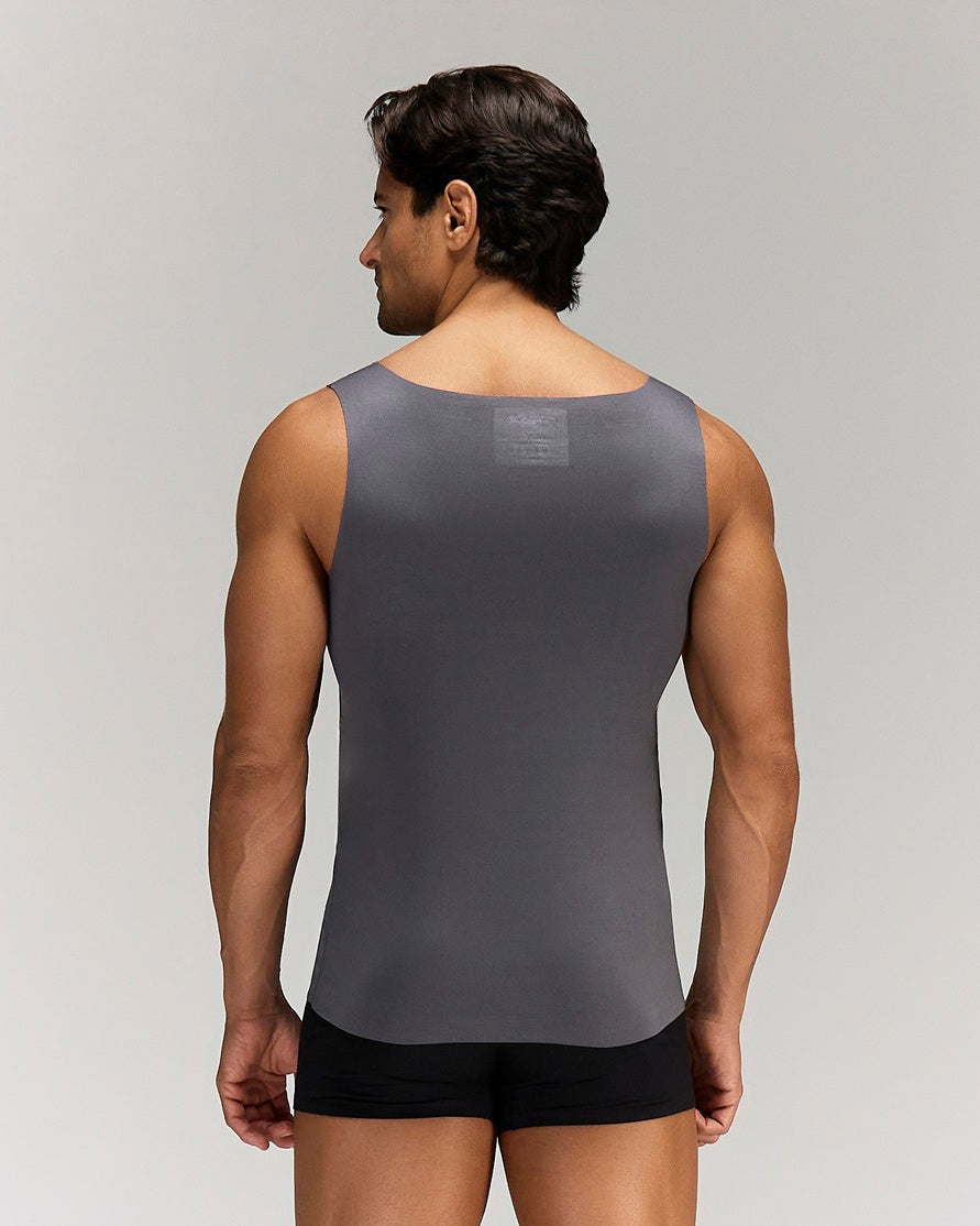 Back photo for a Model wearing Luxury Soft Modal Undershirt with V-neck in dark grey.