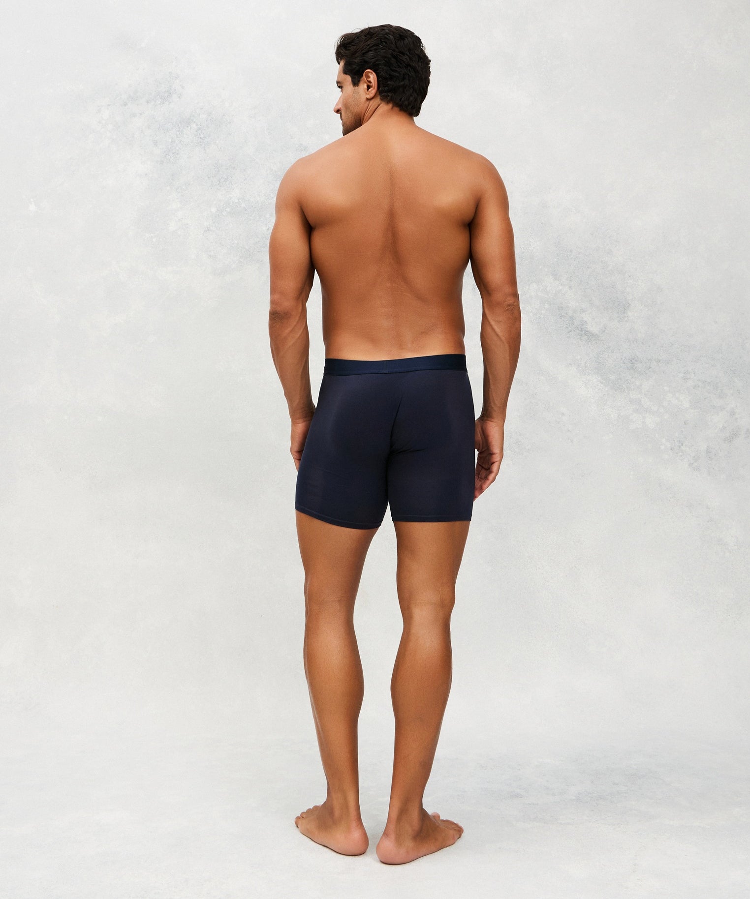 Back photo for a Model wearing CottoSilk Ultra Light Cotton Boxer Brief in navy.