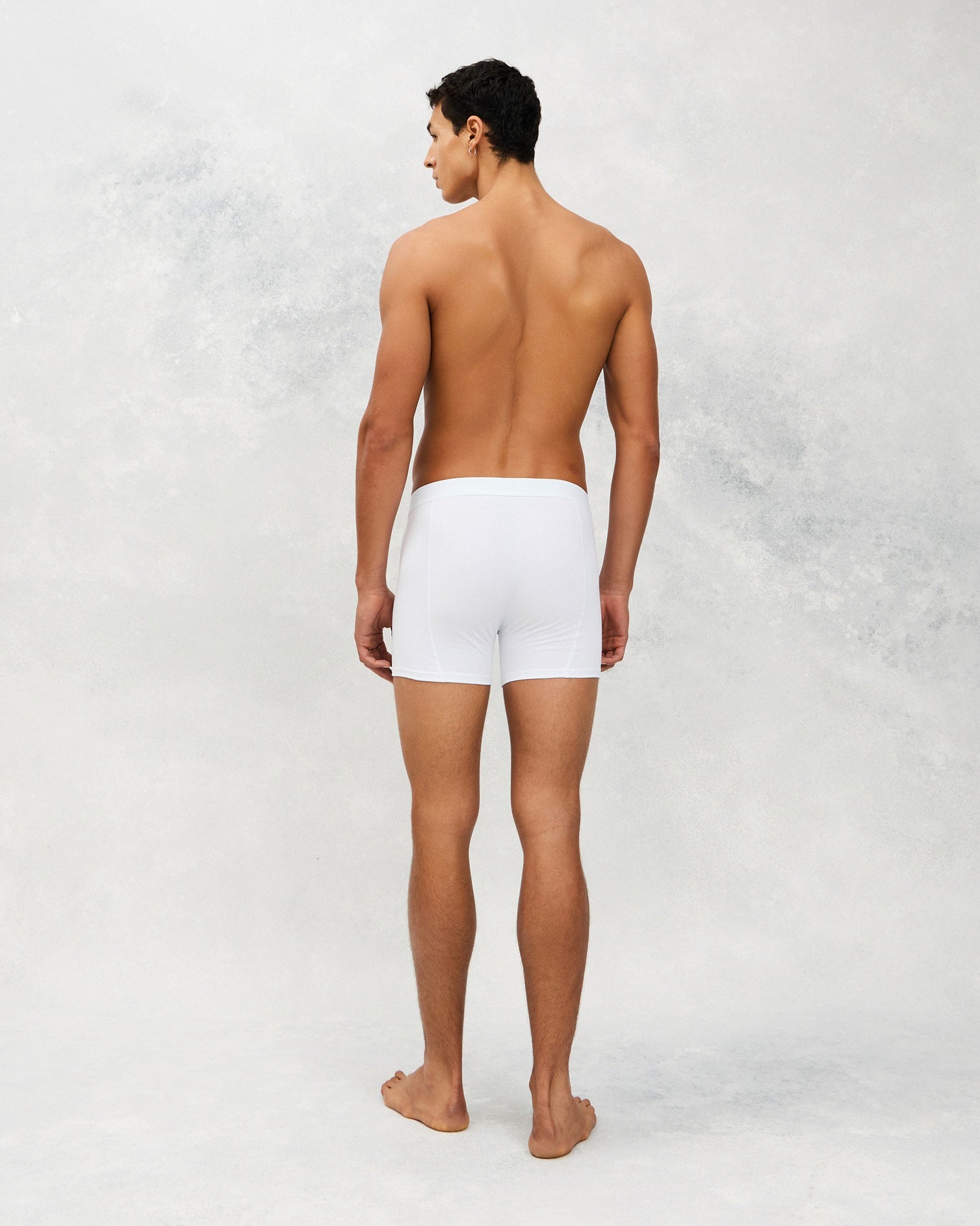 Back photo for a Model wearing CottoSilk Ultra Light Cotton Boxer Brief in white.