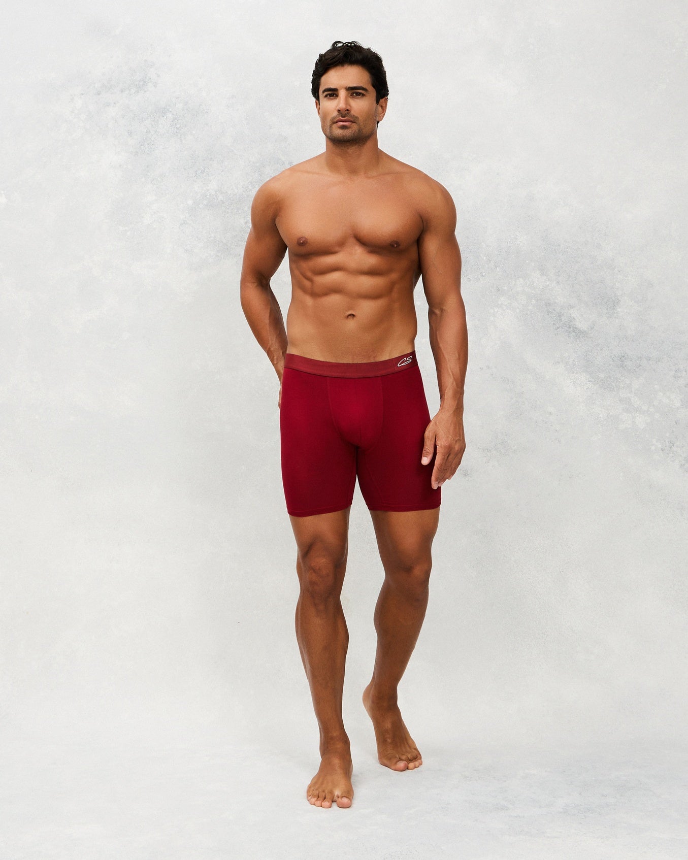 Front image for a Model wearing  CottoSilk Long Cotton Boxer Brief in Crimson with smooth finish.