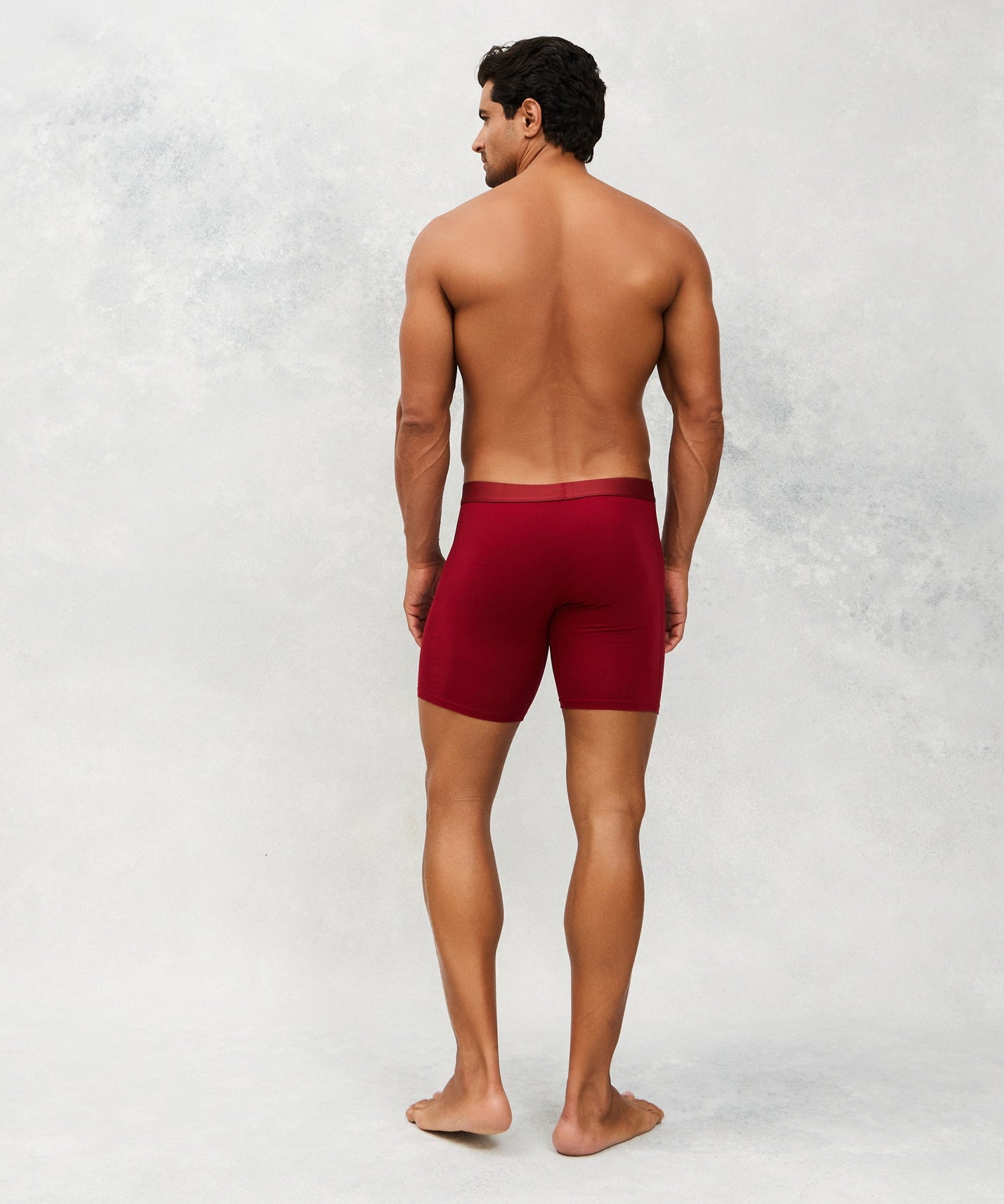 Back image for a Model wearing  CottoSilk Long Cotton Boxer Brief in Crimson with smooth finish.