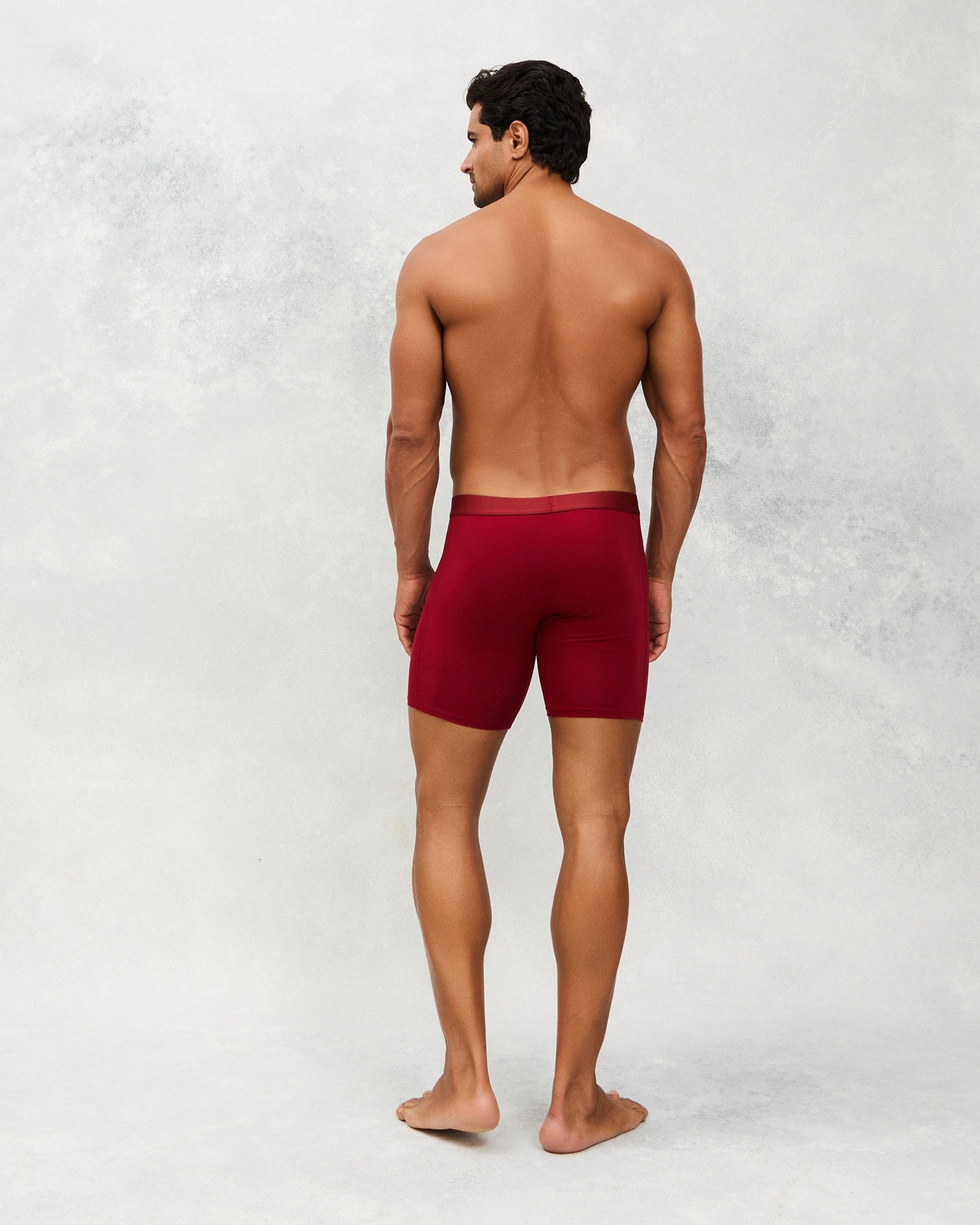 Back image for a Model wearing  CottoSilk Long Cotton Boxer Brief in Crimson with smooth finish.