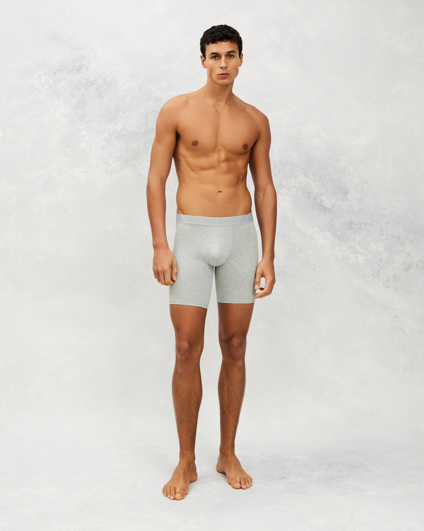 Front image for a Model wearing  CottoSilk Long Cotton Boxer Brief in Grey with smooth finish.