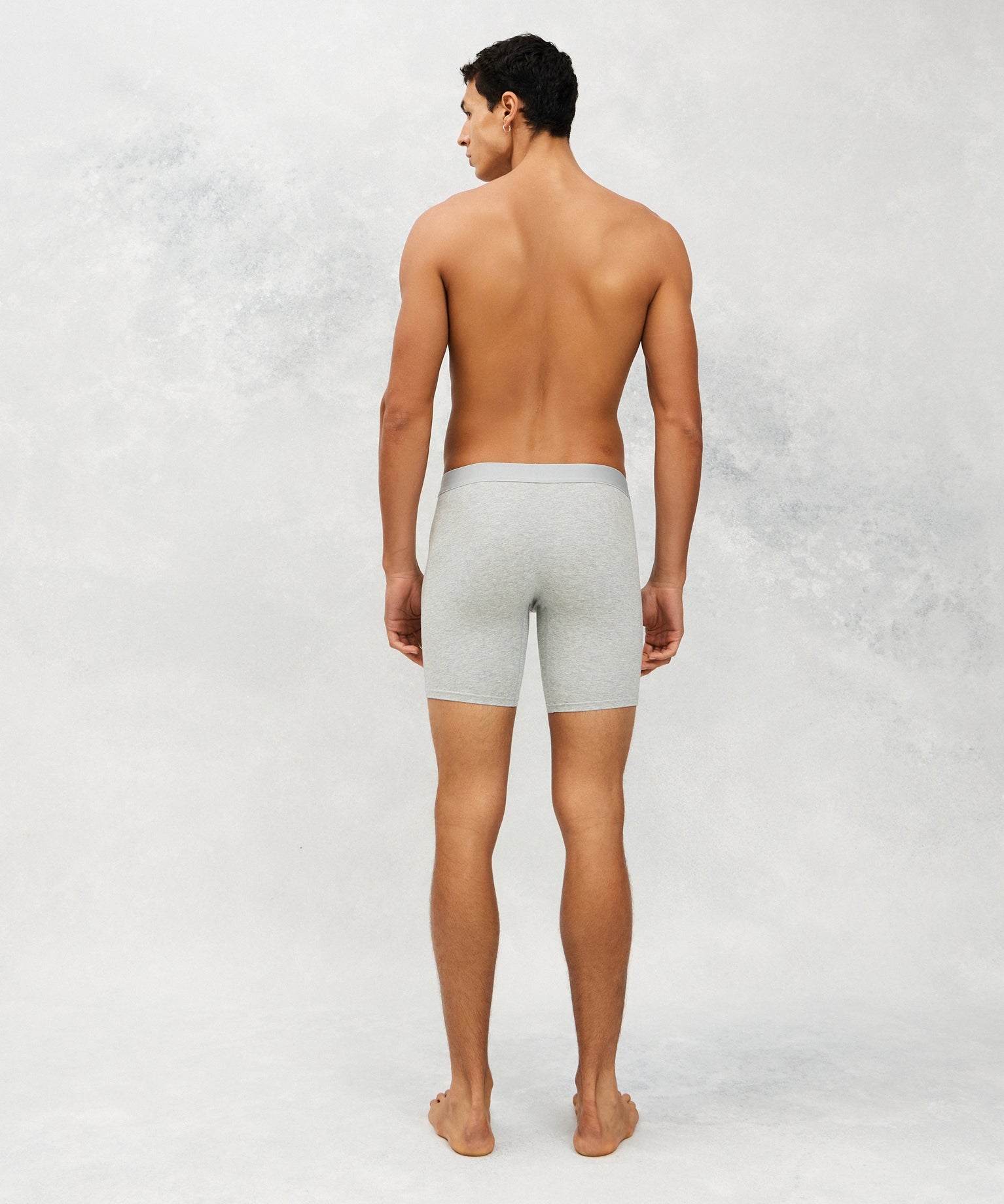 Back image for a Model wearing  CottoSilk Long Cotton Boxer Brief in Grey with smooth finish.