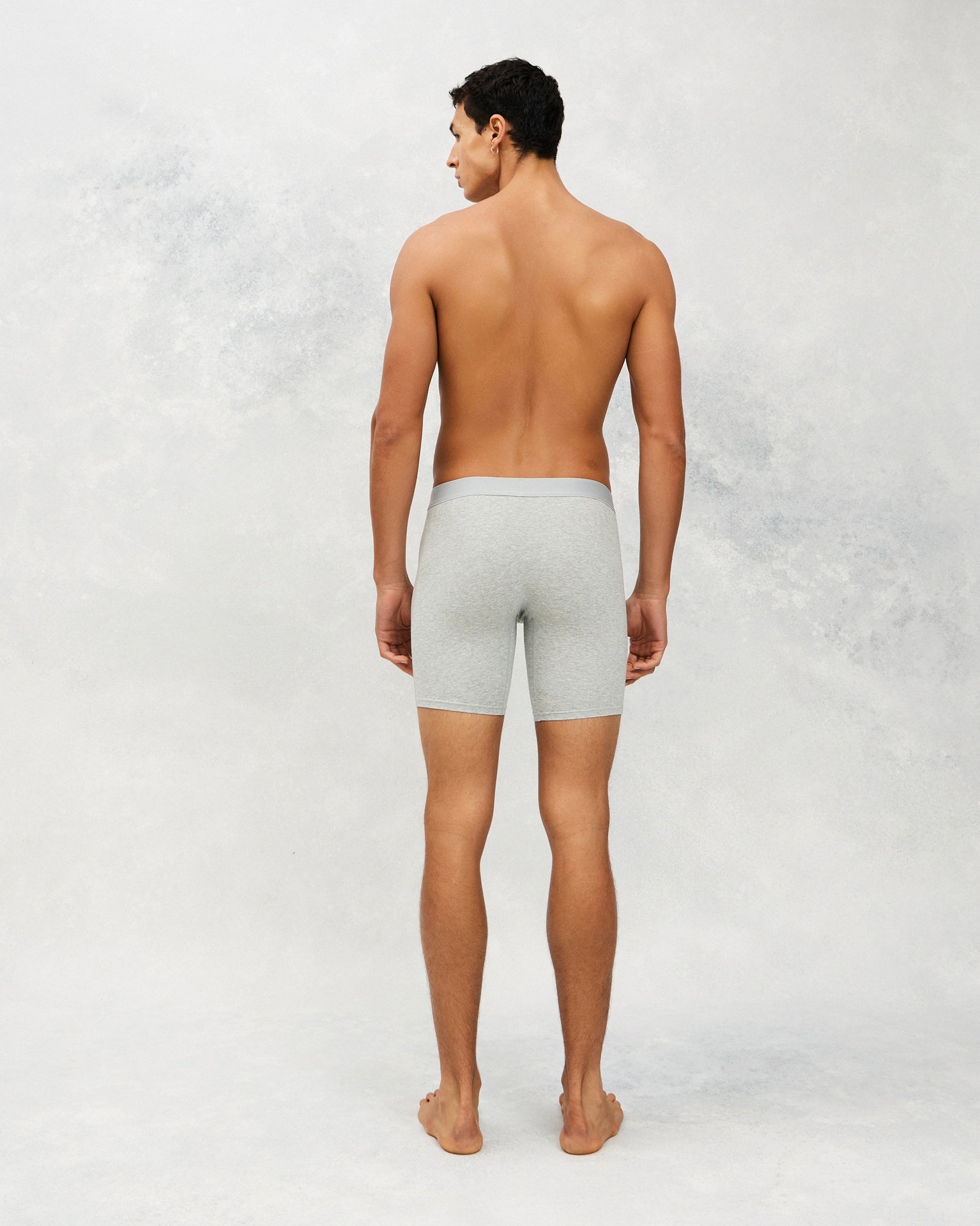 Back image for a Model wearing  CottoSilk Long Cotton Boxer Brief in Grey with smooth finish.