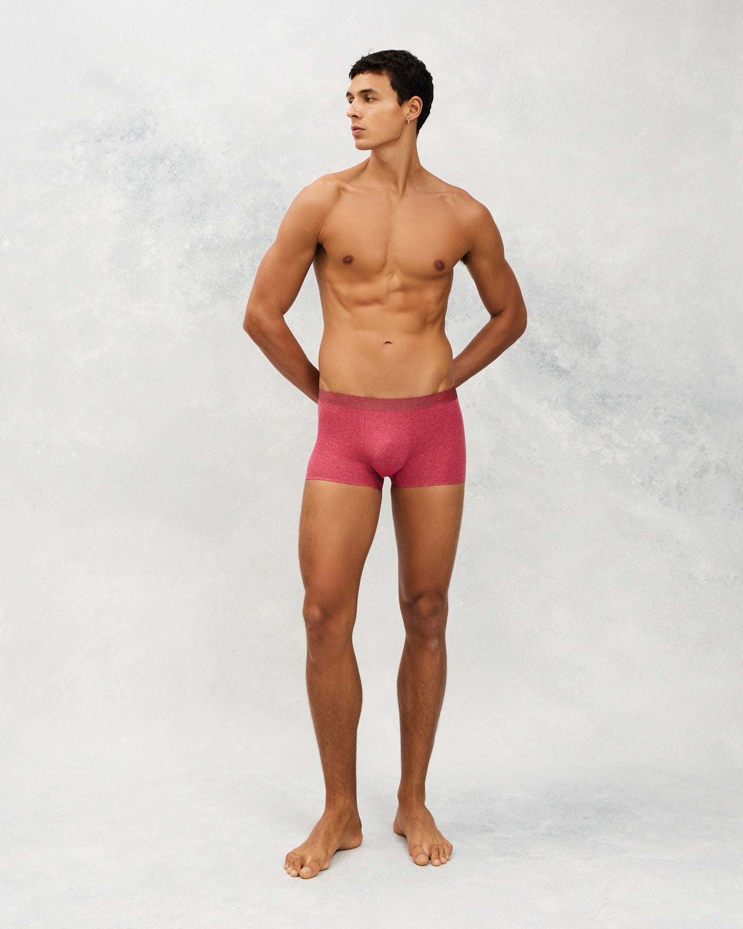 Front photo for a Model wearing CottoSilk Vintage Cotton Trunk in rose.