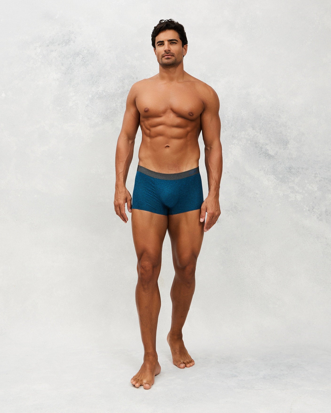 Front photo for a Model wearing CottoSilk Vintage Cotton Trunk in blue.