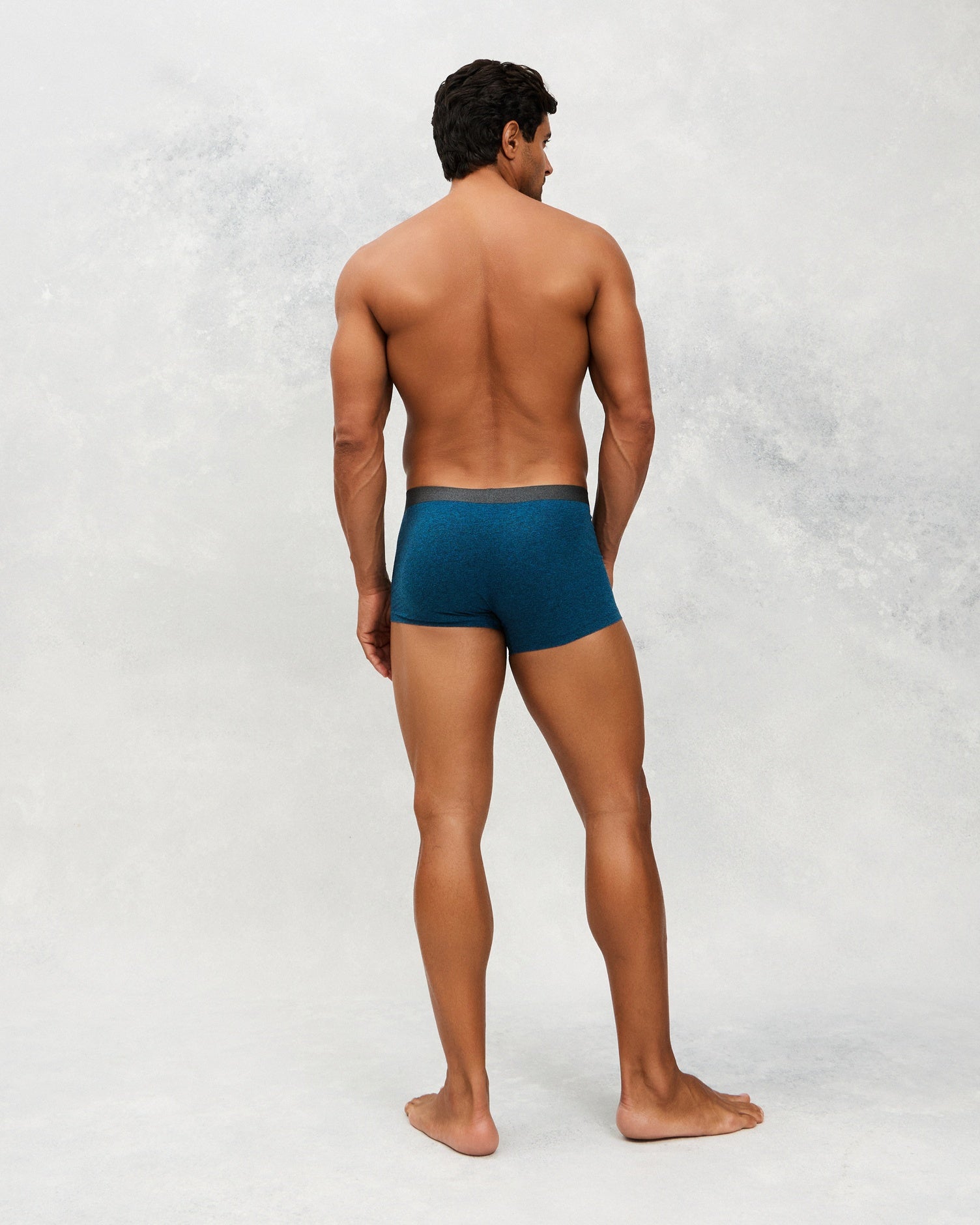 Back photo for a Model wearing CottoSilk Vintage Cotton Trunk in blue.