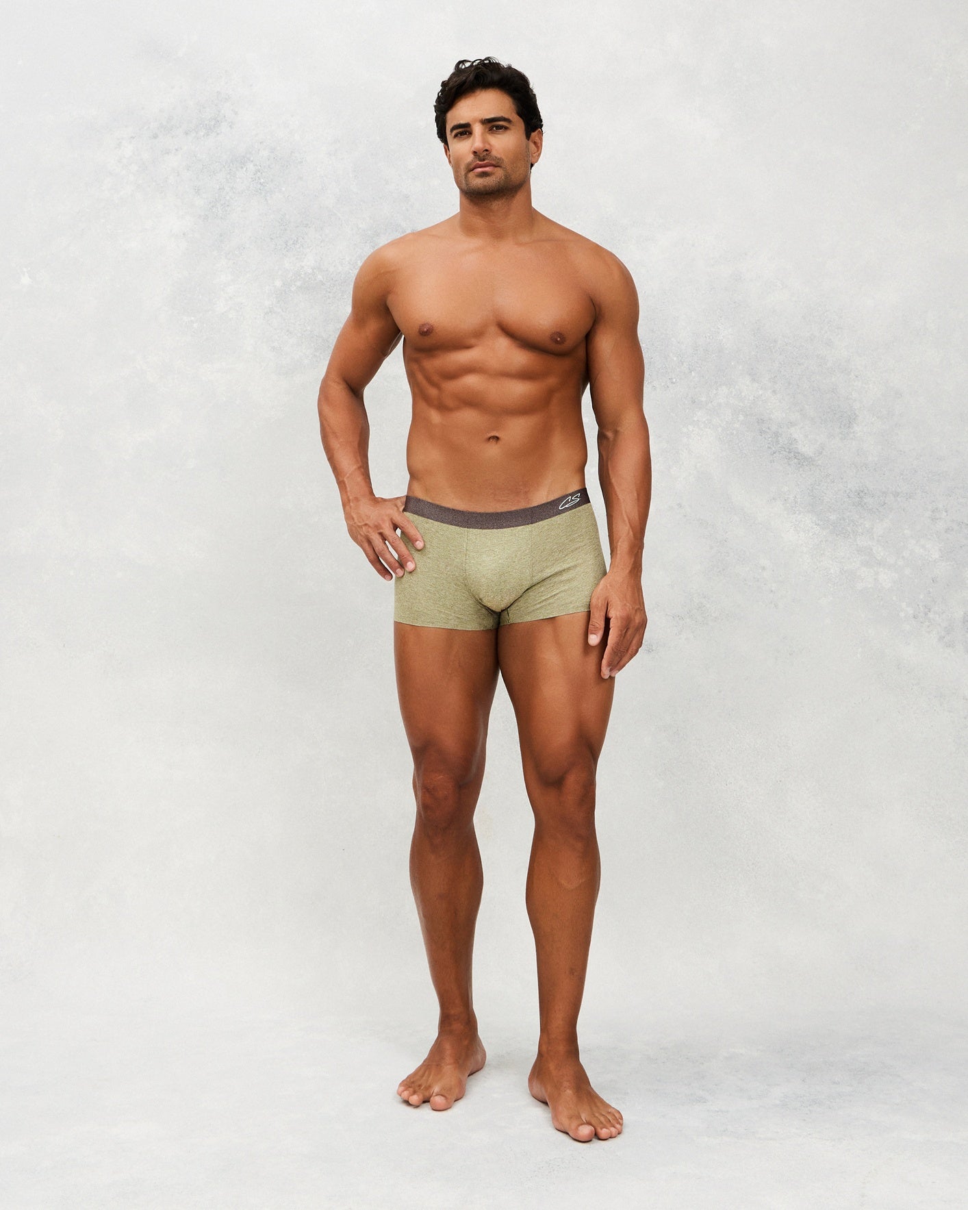 Front photo for a Model wearing CottoSilk Vintage Cotton Trunk in green.