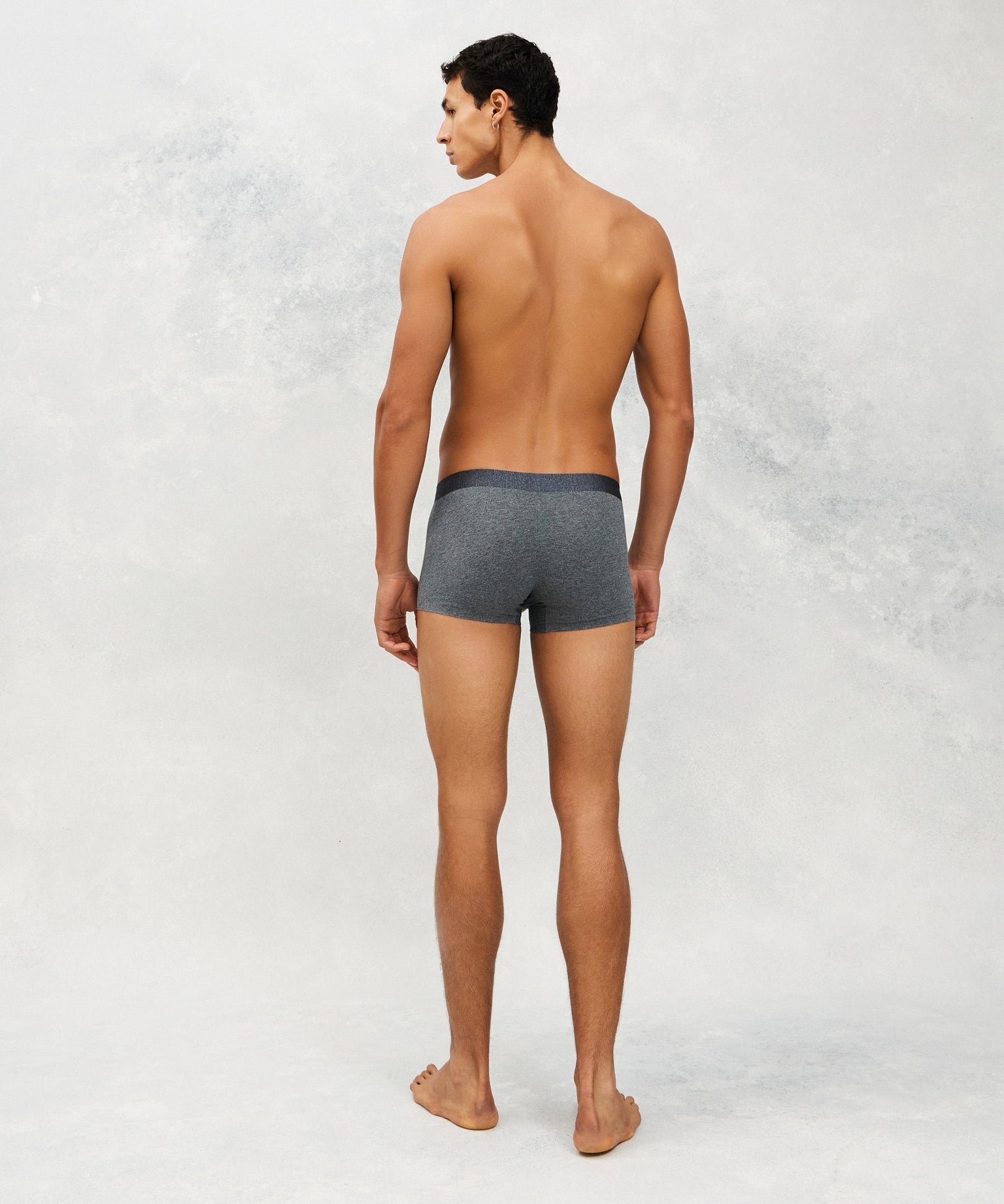 Back photo for a Model wearing CottoSilk Vintage Cotton Trunk in dark grey.