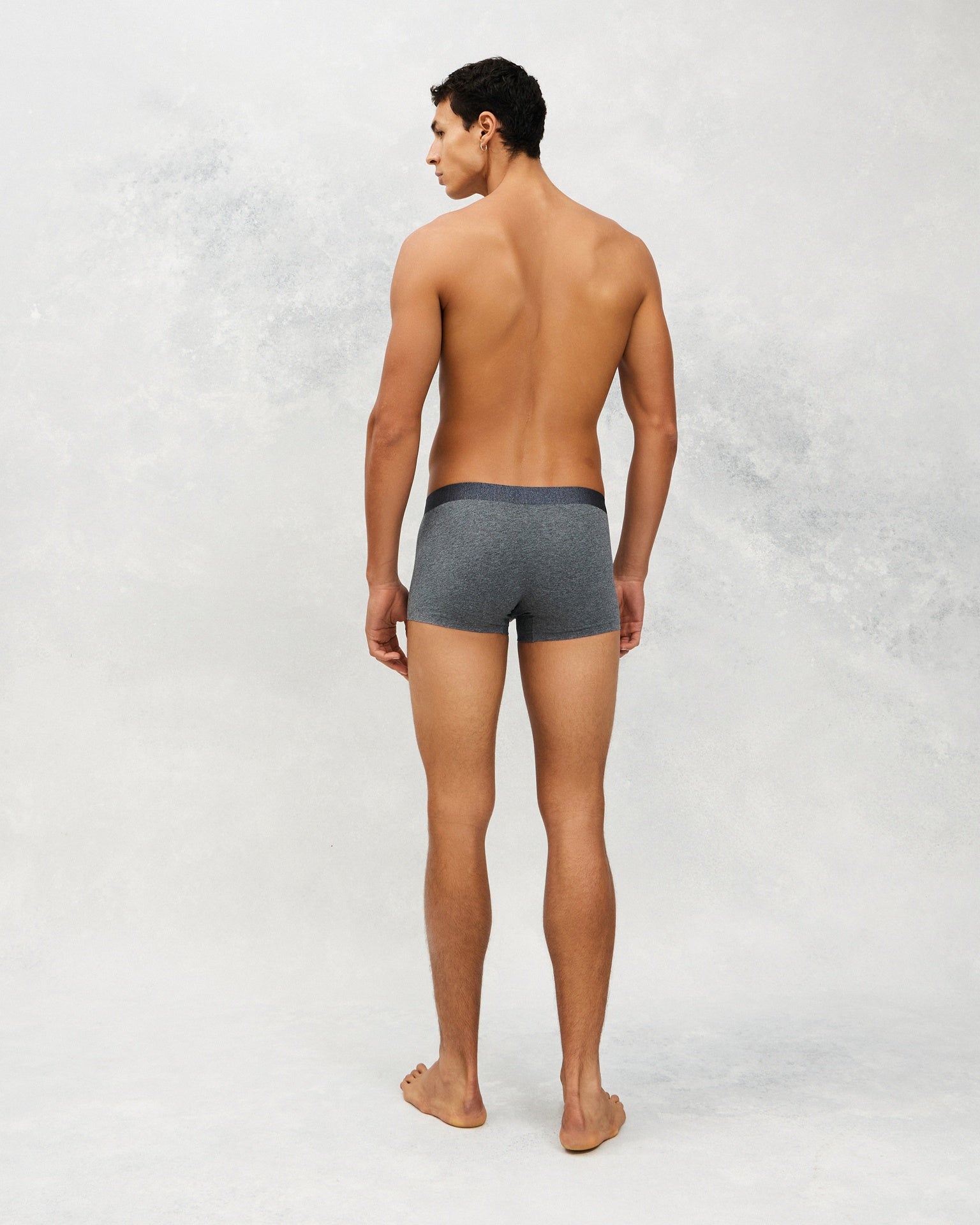 Back photo for a Model wearing CottoSilk Vintage Cotton Trunk in dark grey.