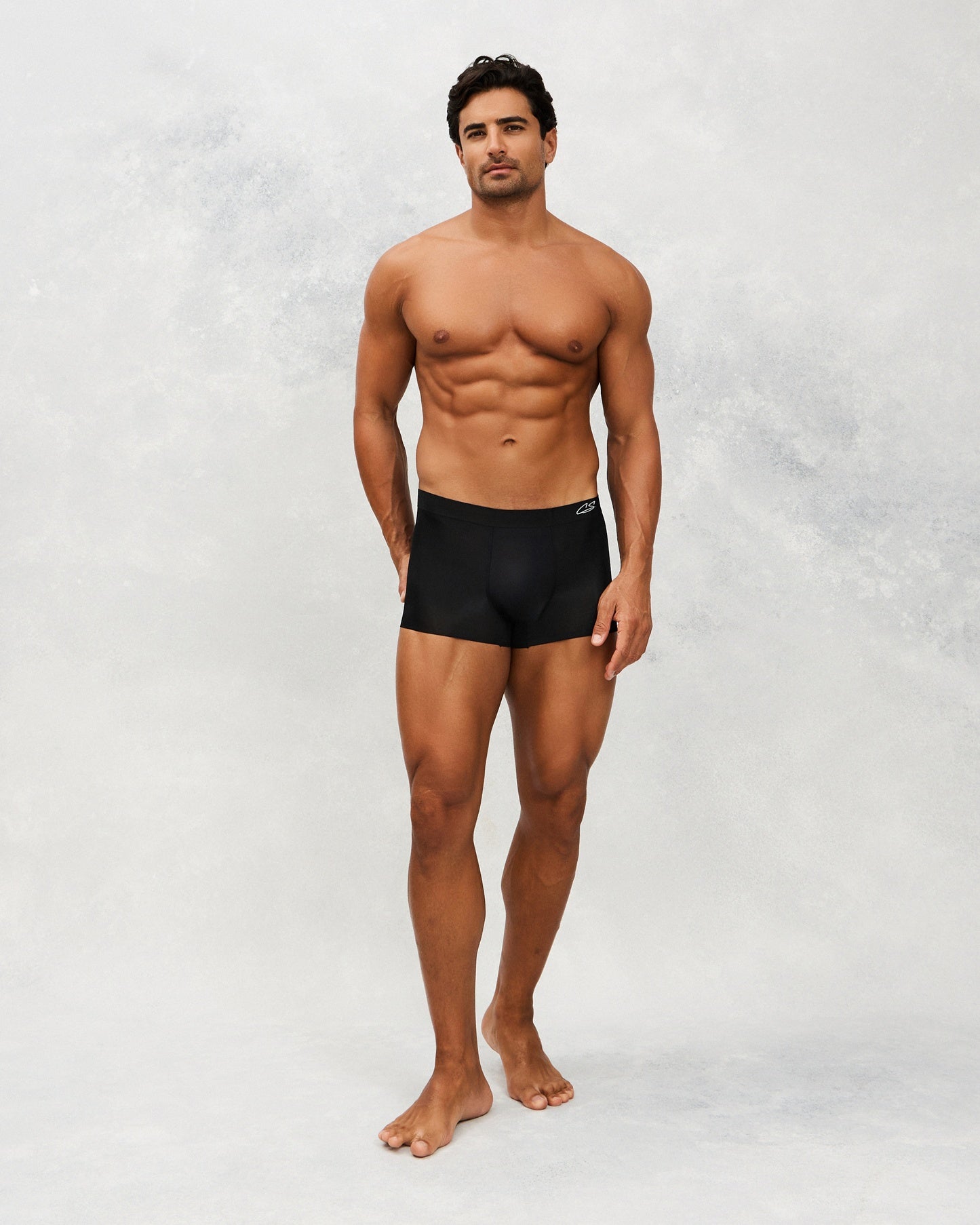 Front photo for a Model wearing Ultra Light Ice Tech Trunk in black.
