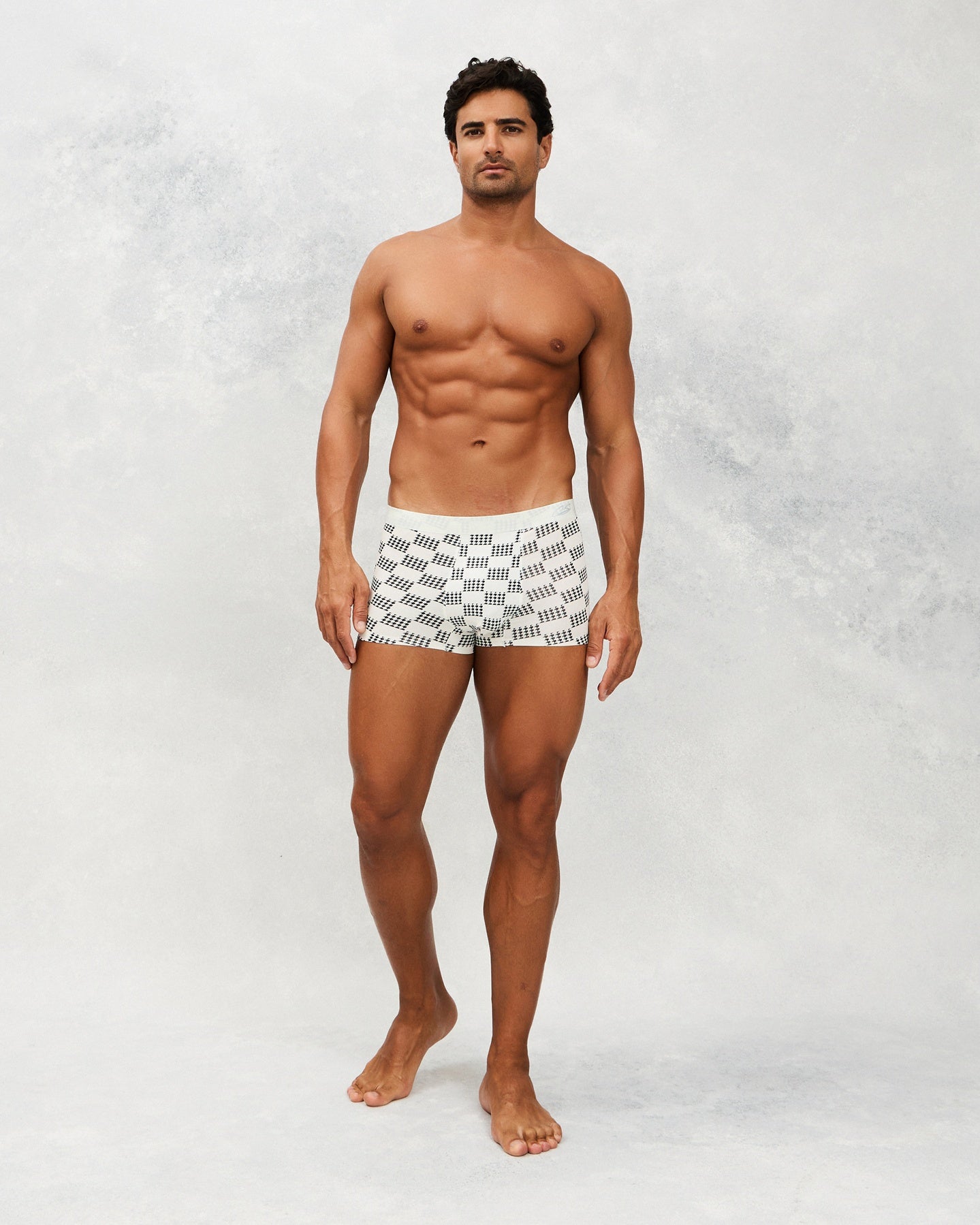 Front photo for a Model wearing Grid Modal Trunk with geometric pattern in light grey.