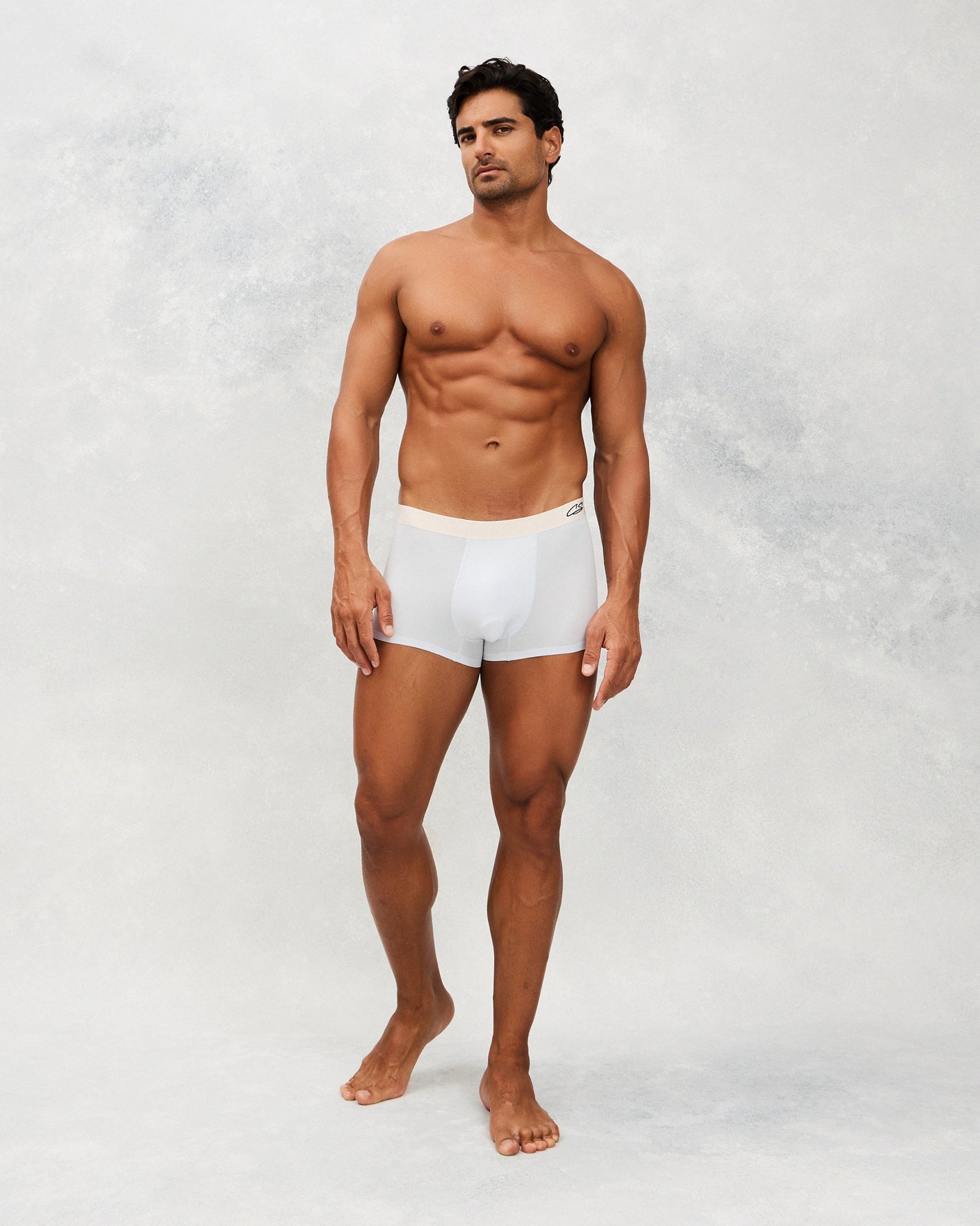 Front photo for a Model wearing Ice Tech Trunk in light blue.