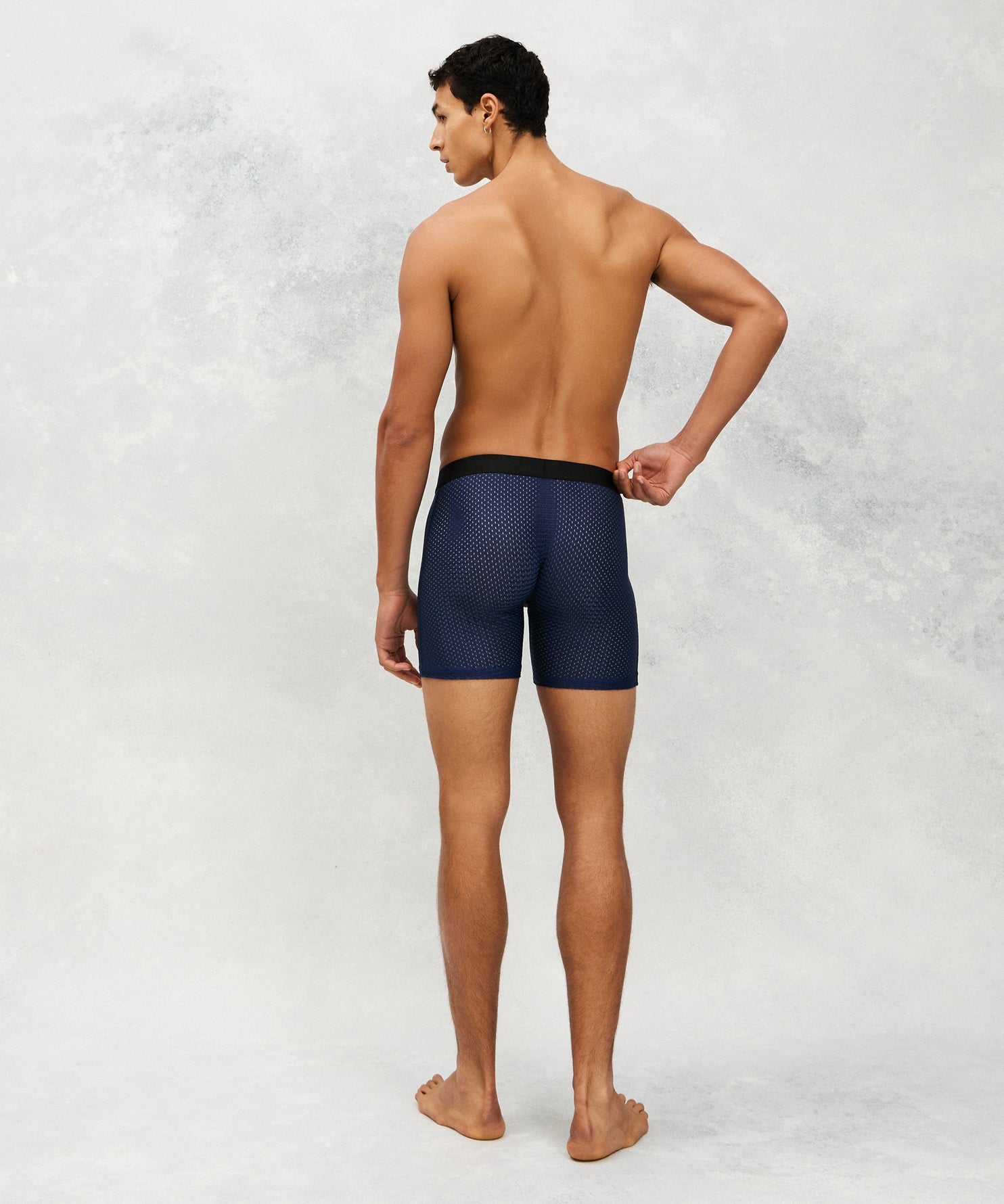 Back photo for a Model wearing Airtech Ice Boxer Brief in navy.