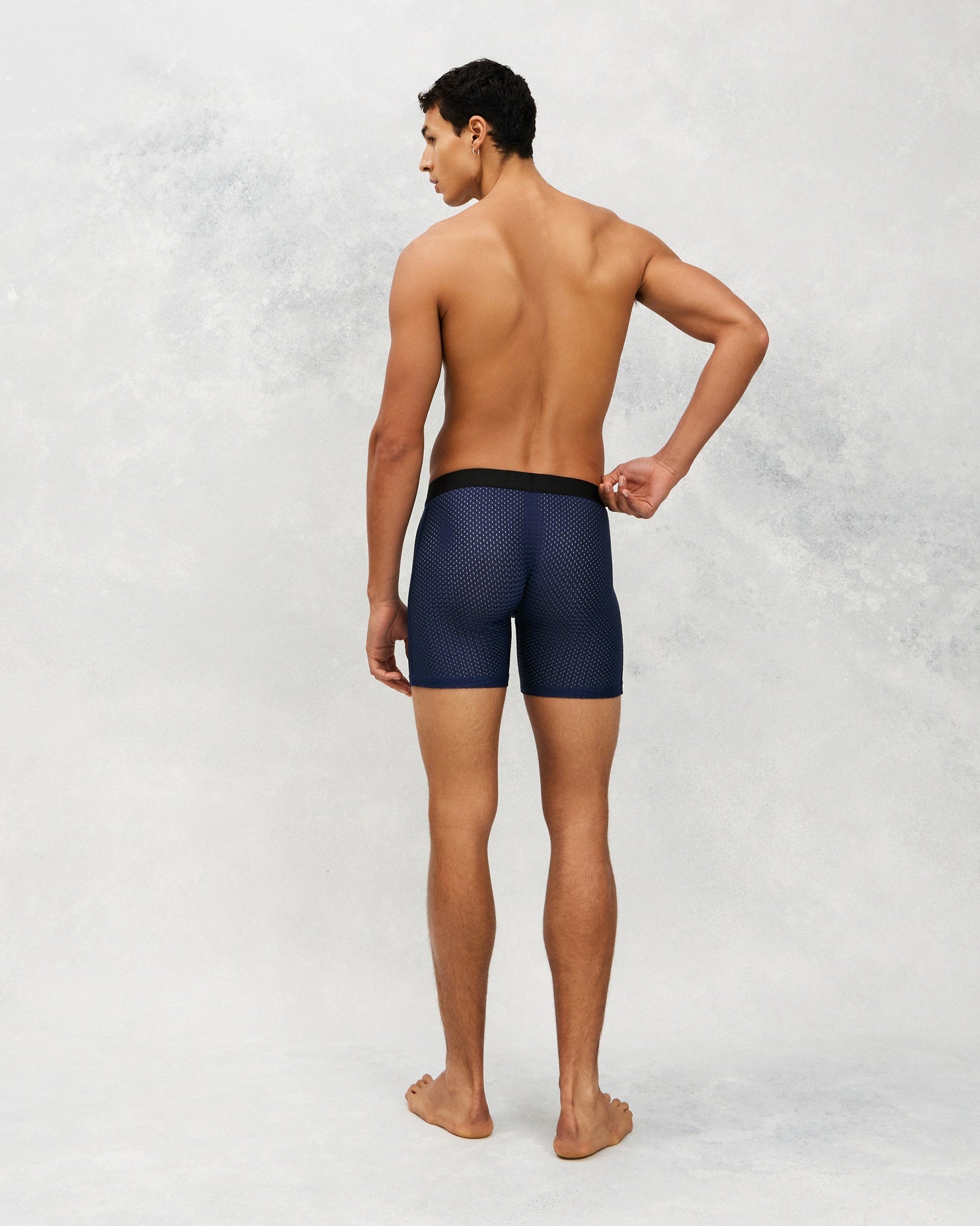 Back photo for a Model wearing Airtech Ice Boxer Brief in navy.